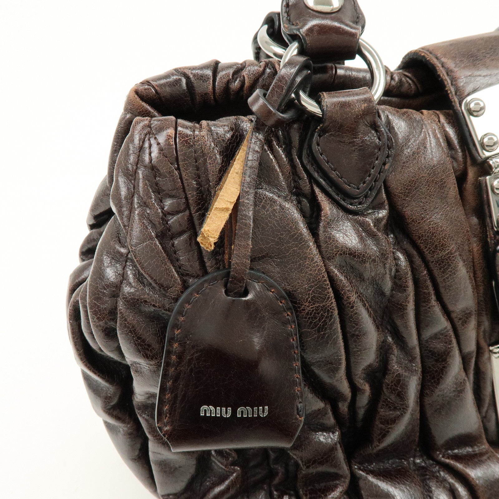 MIU MIU Matelasse Leather 2Way Bag Hand Bag Shoulder Bag Dark Brown