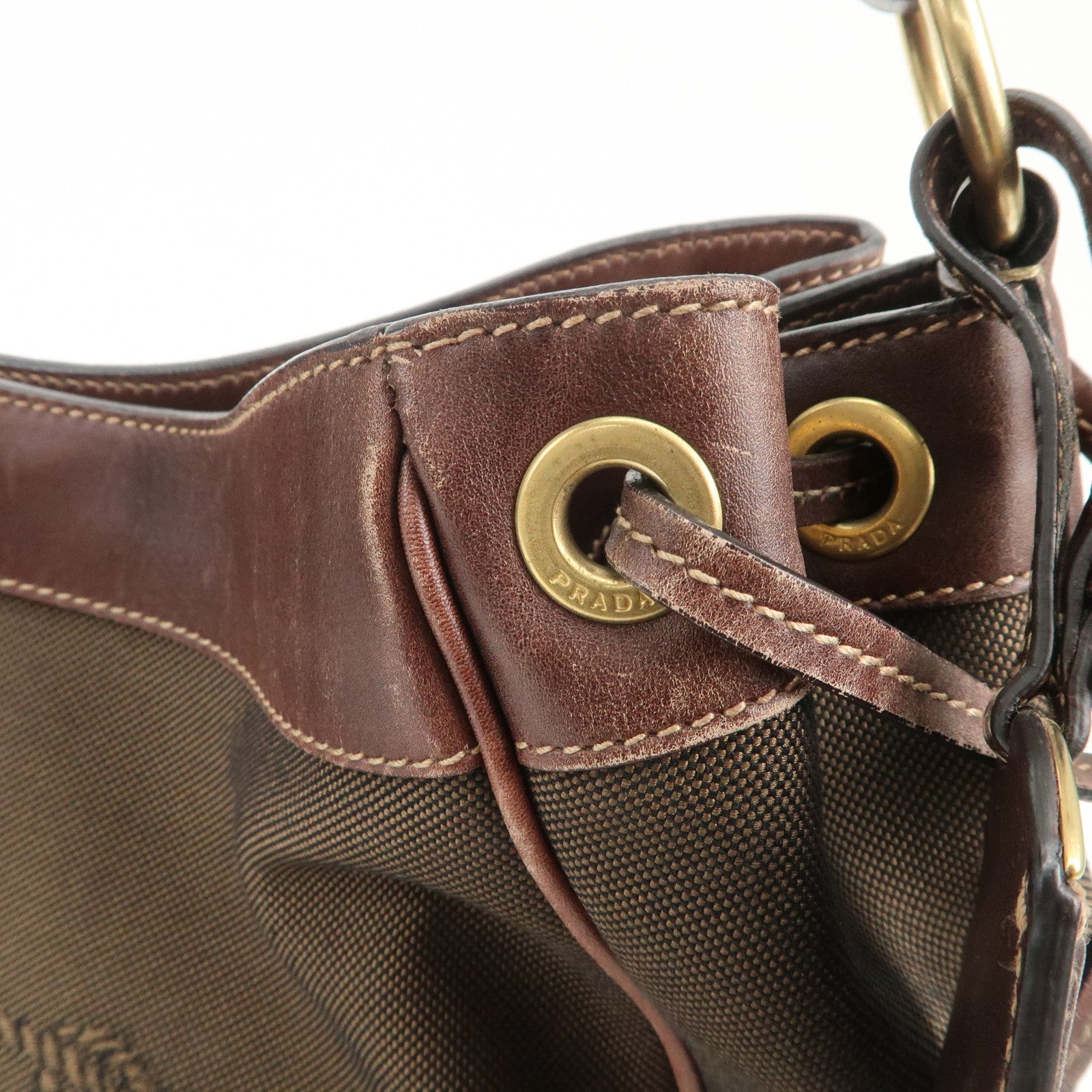 PRADA Triangle Logo Canvas Leather Shoulder Bag Hand Bag Brown