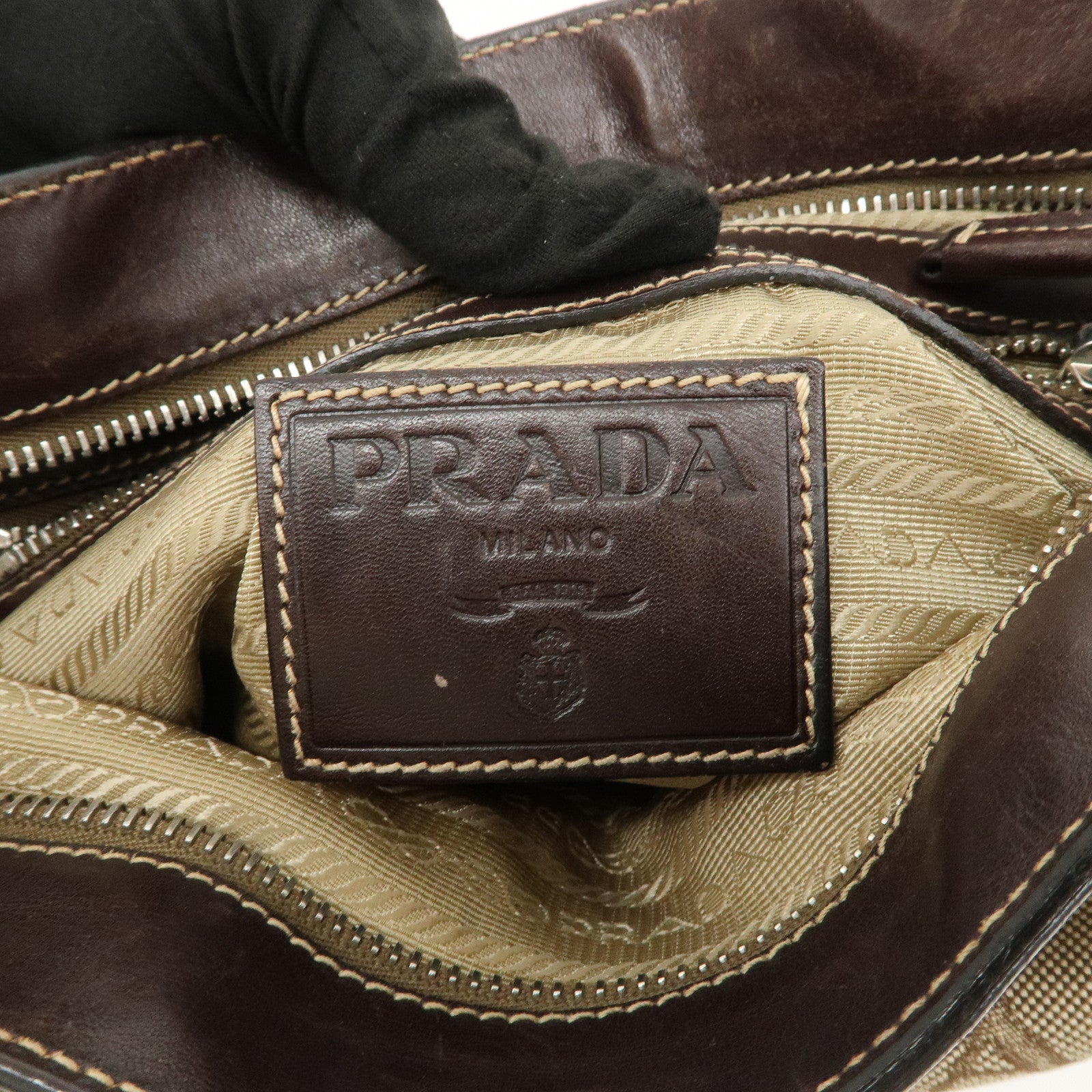 PRADA Logo Jacquard Leather Shoulder Bag Beige Brown BT0537
