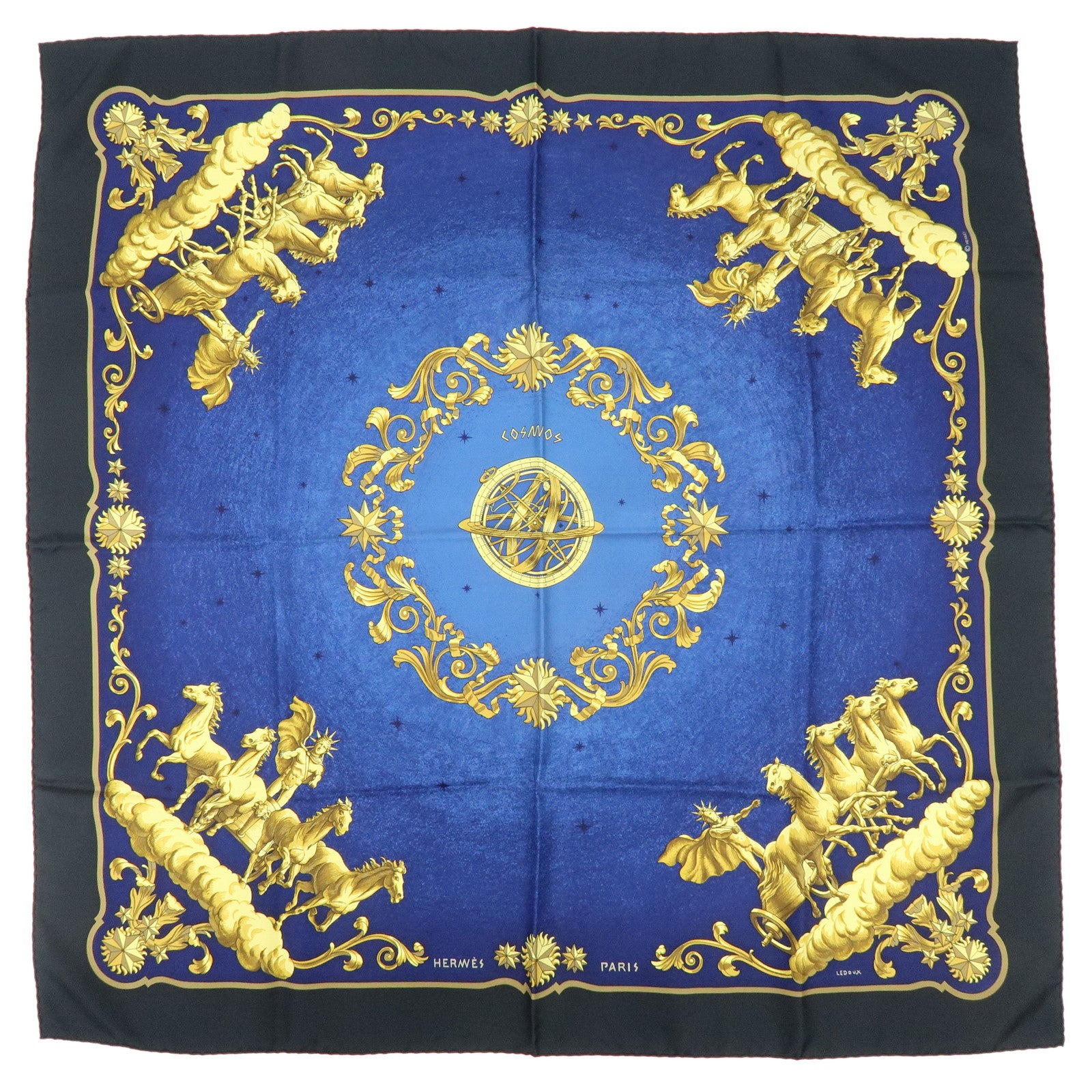 HERMES Carre 90 Silk 100% Scarf COSMOS Space Print Navy Gold Black