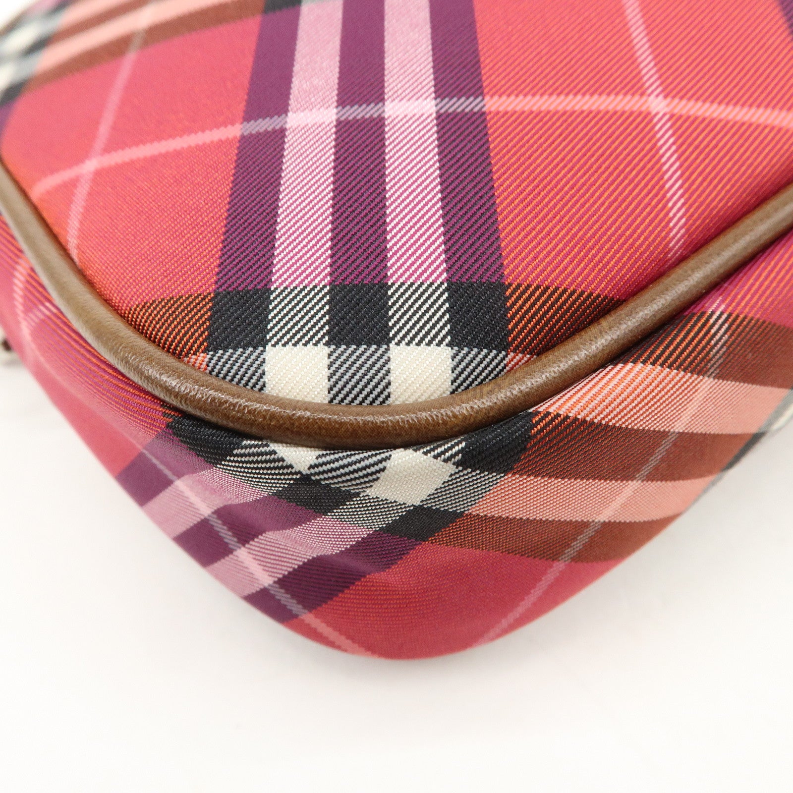 BURBERRY Cotton Leather Hand Bag Shoulder Bag Red Plaid Pattern
