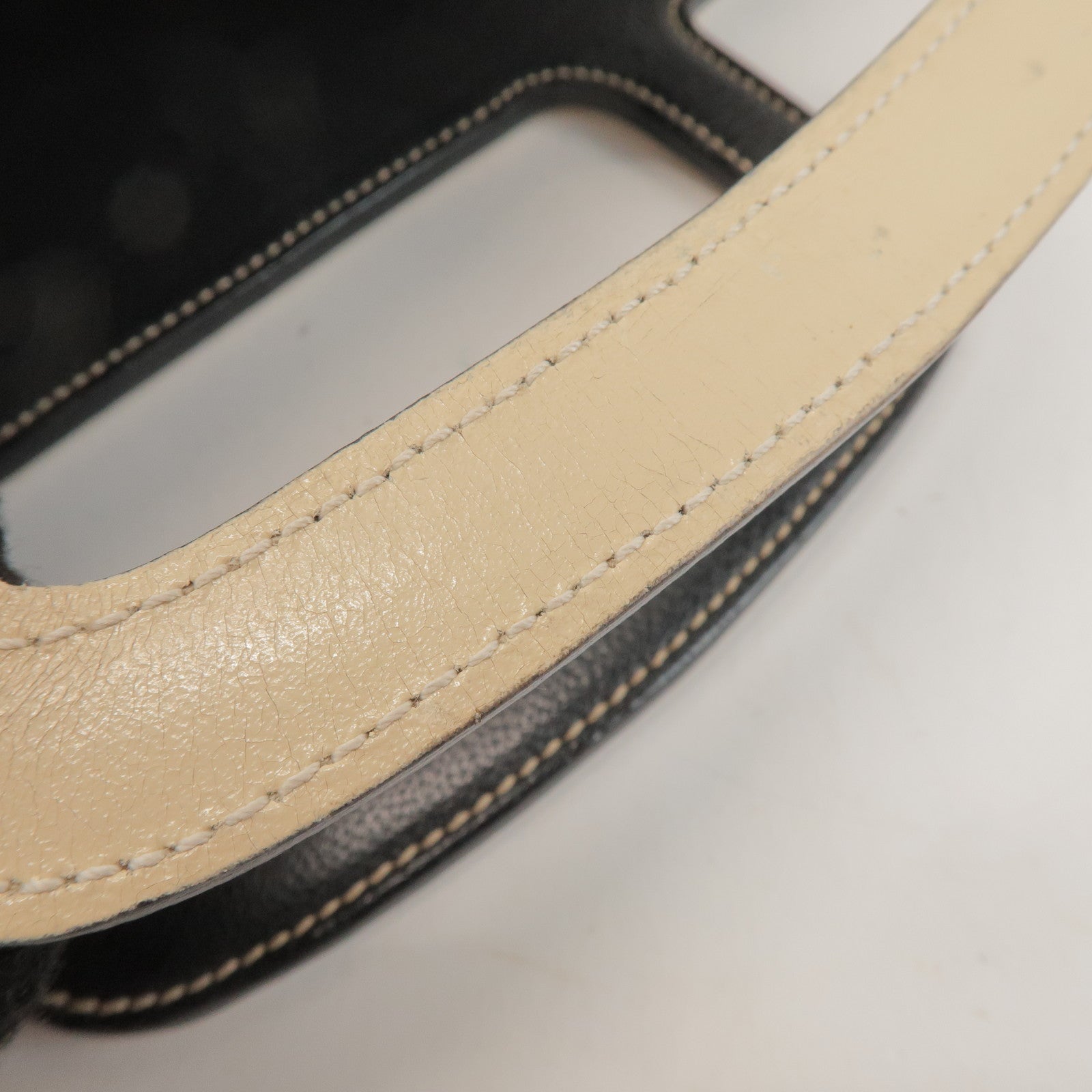 MIU MIU Madras Leather Canvas Reversible Hand Bag Ivory Black