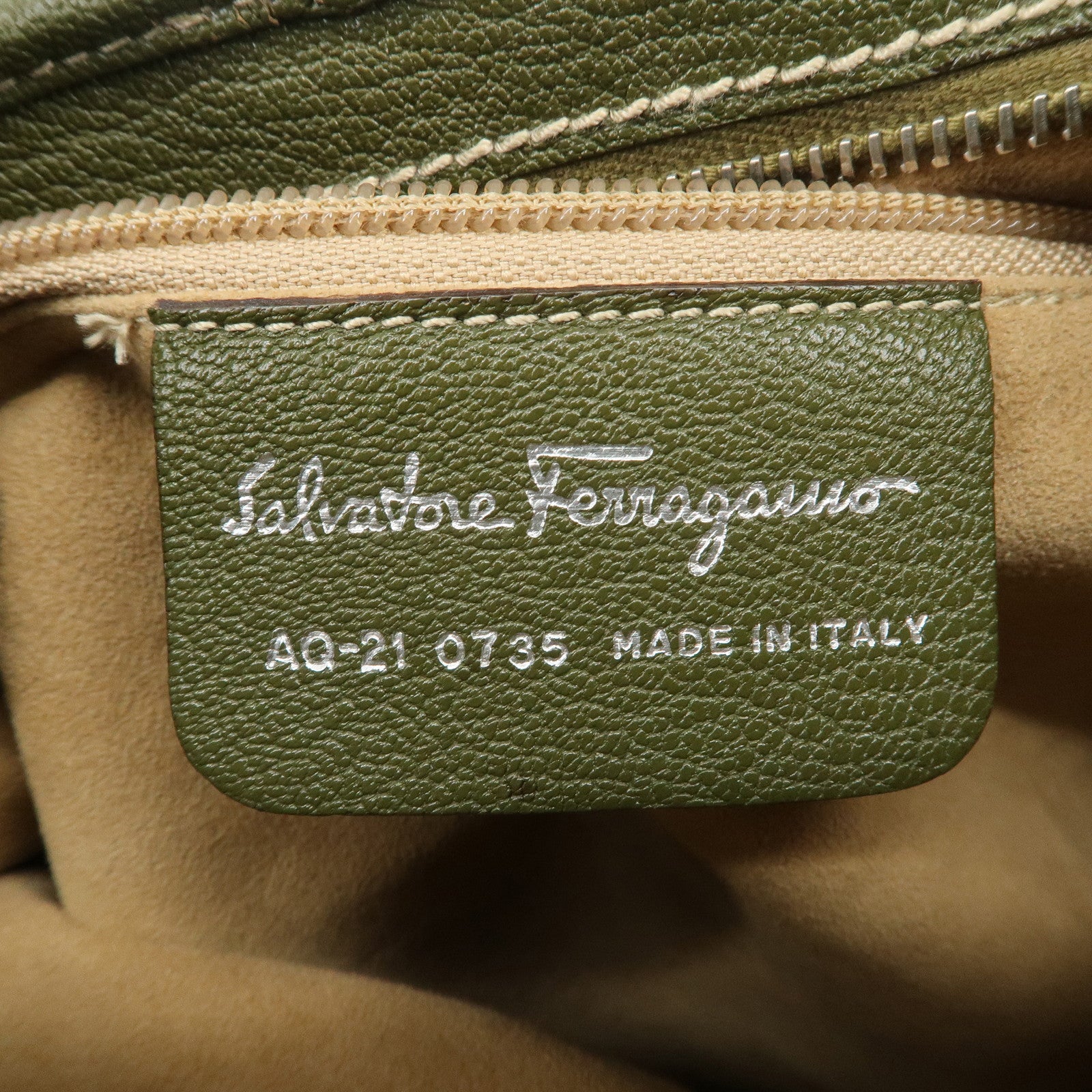 Ferragamo Logo Leather Shoulder Bag Hand Bag Khaki