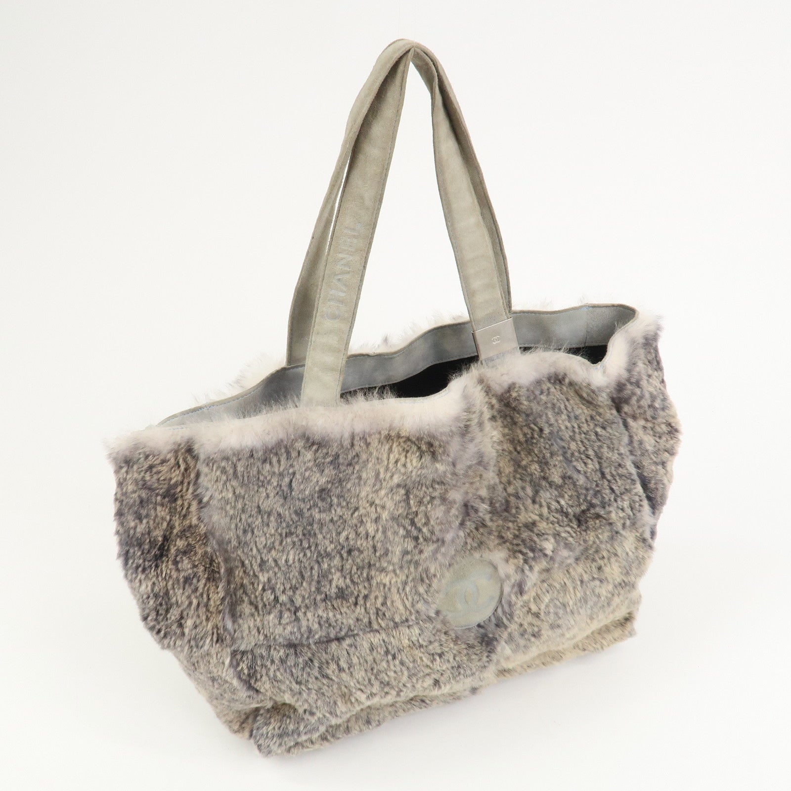 CHANEL COCO Mark Logo Fur Suede Hand Bag Grey