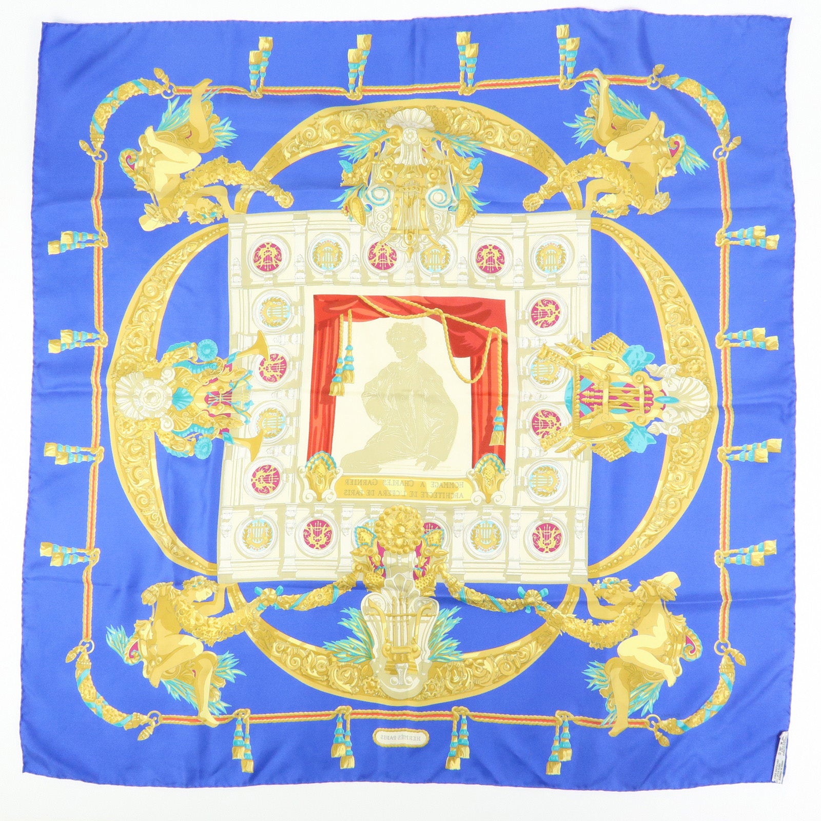HERMES Carre 90 Silk 100% Scarf HOMMAGE A CHARLES GARNIER Blue