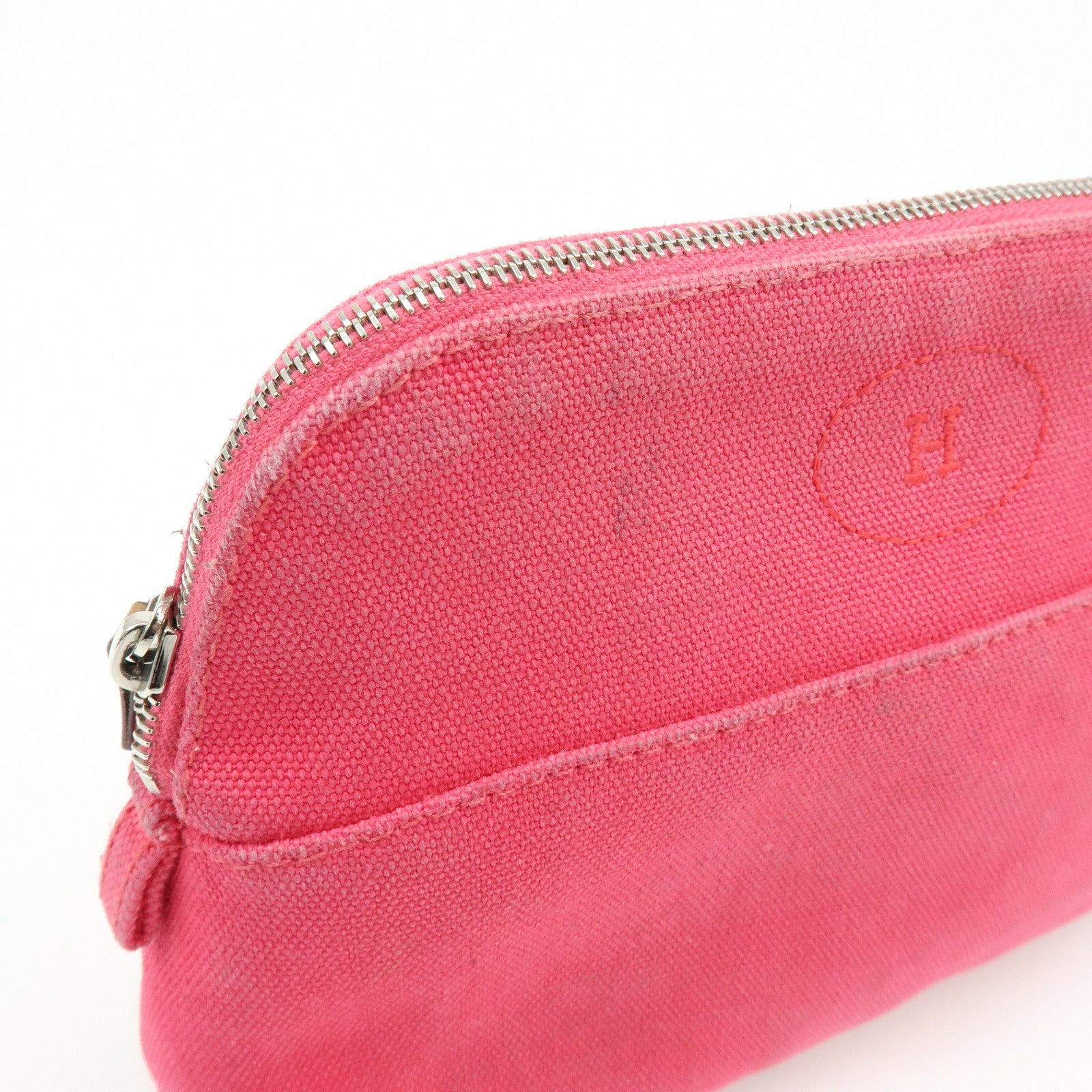 HERMES Bolide Set of 2 Cotton Leather Pouch Cosmetic Case Navy Pink