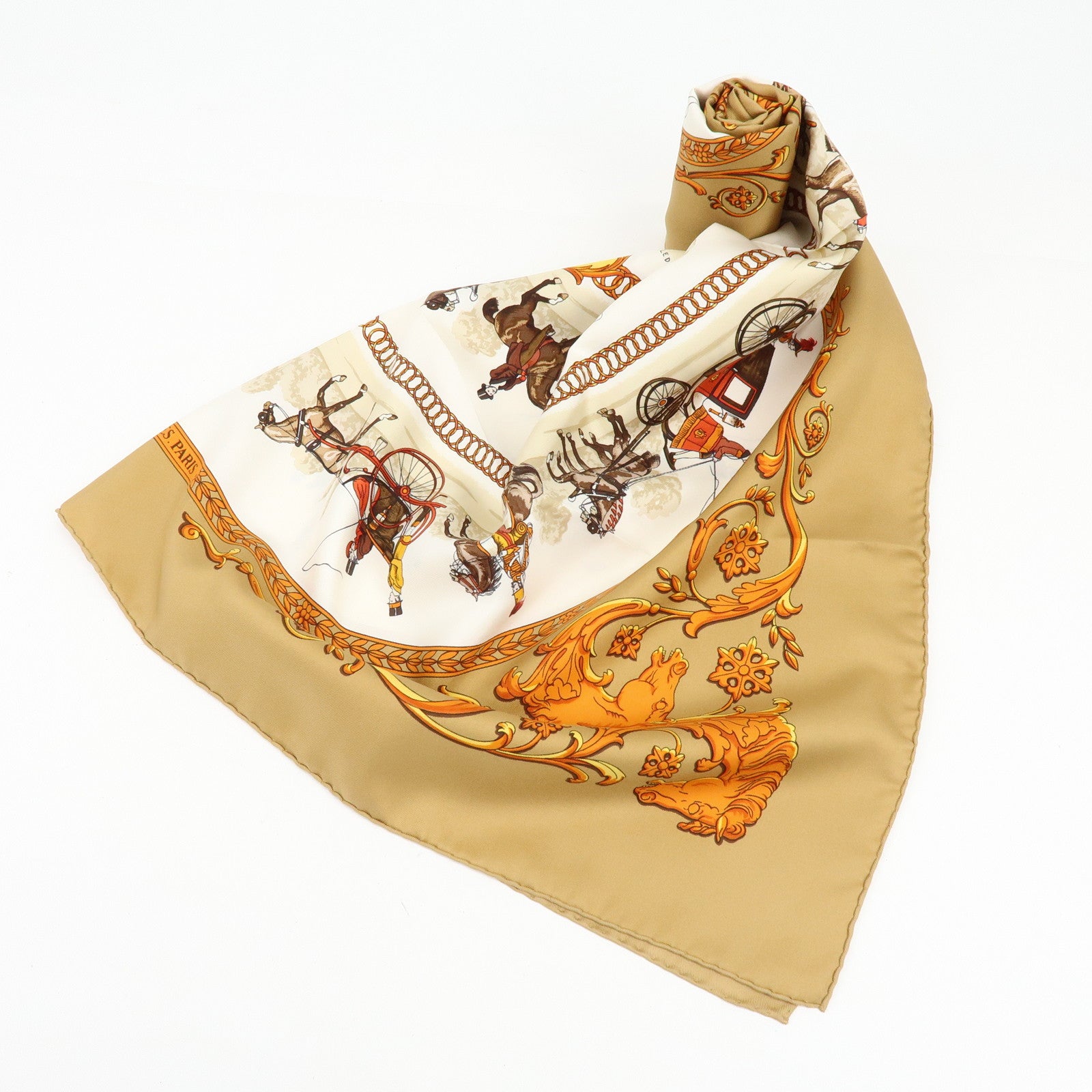 HERMES Carre 90 Silk 100% Scarf LA PROMENADE DE LONGCHAMPS Brown