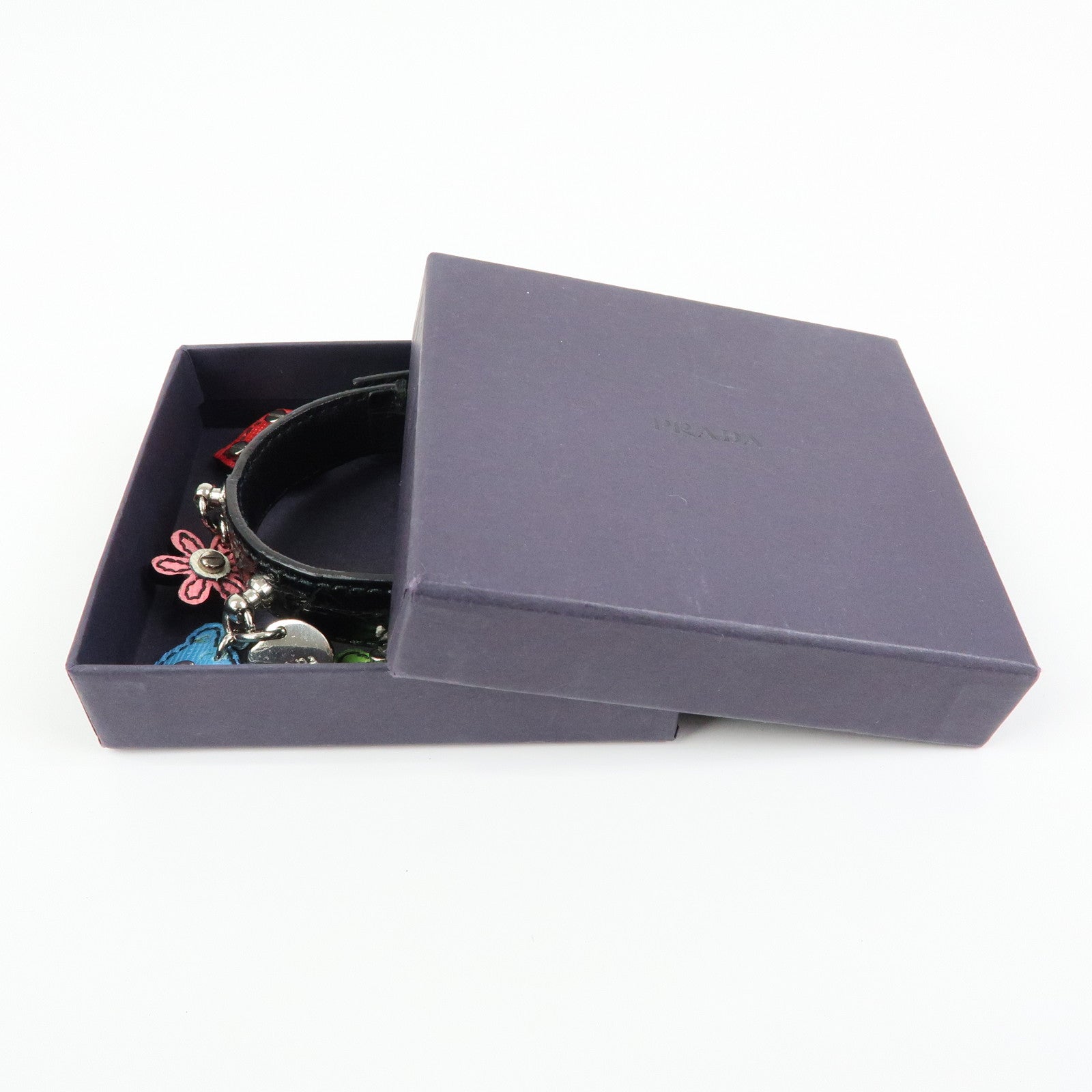PRADA Patent Saffiano Leather Heart Flower Bear Bracelet Black