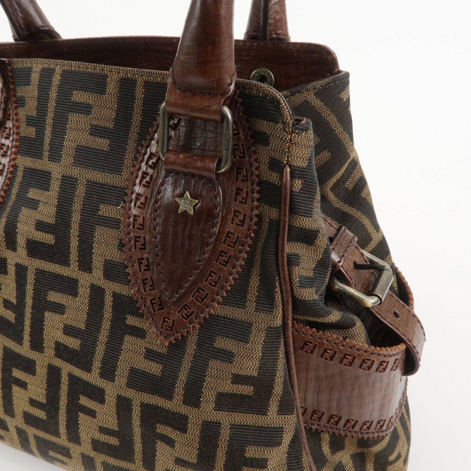 FENDI Etnico Canvas Leather Shoulder Bag Brown Black 8BN157