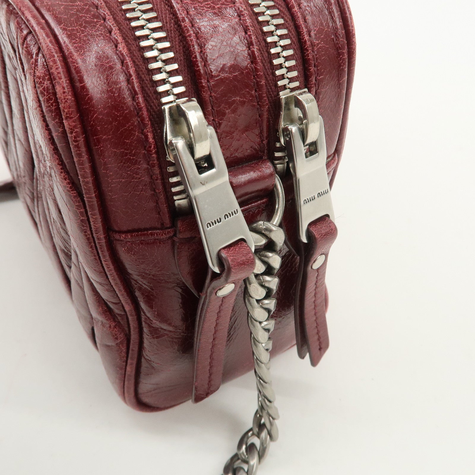 MIUMIU Matelasse Leather Shoulder Bag Burgundy Silver Hardware Used