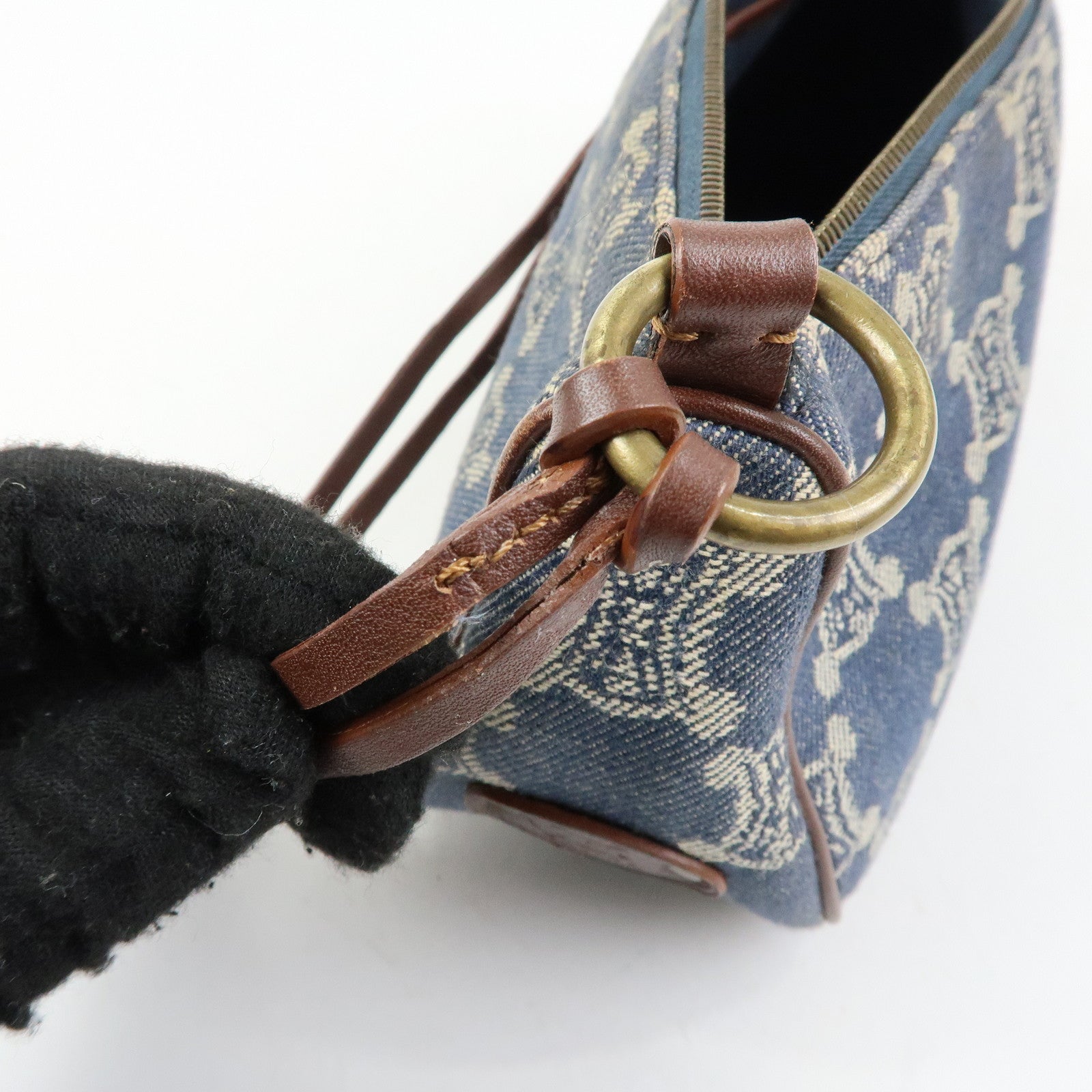 CELINE Macadam Denim Leather Shoulder Hand Bag Indigo Blue Brown