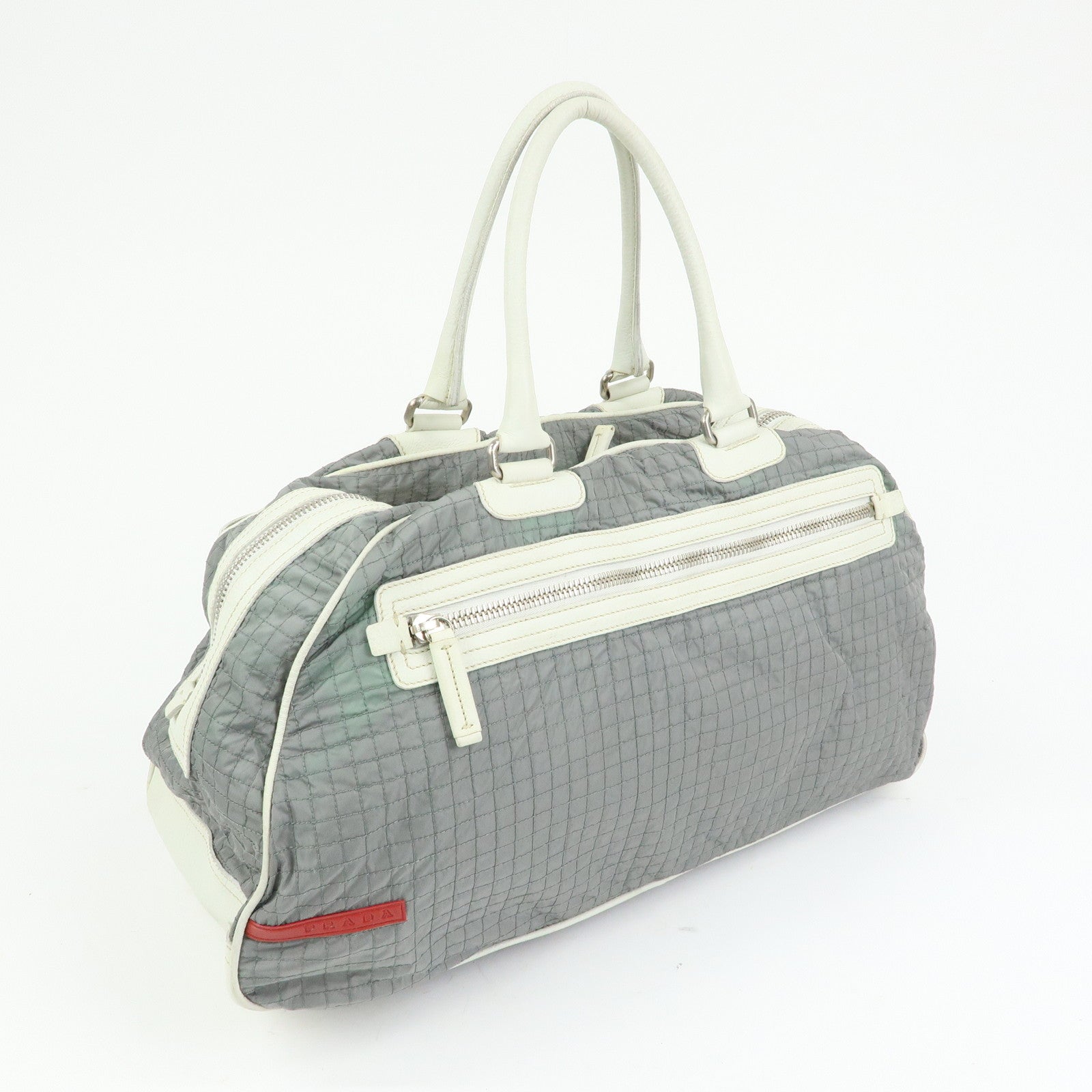 PRADA Sports Nylon Leather Boston Bag Hand Bag Gray Irvory