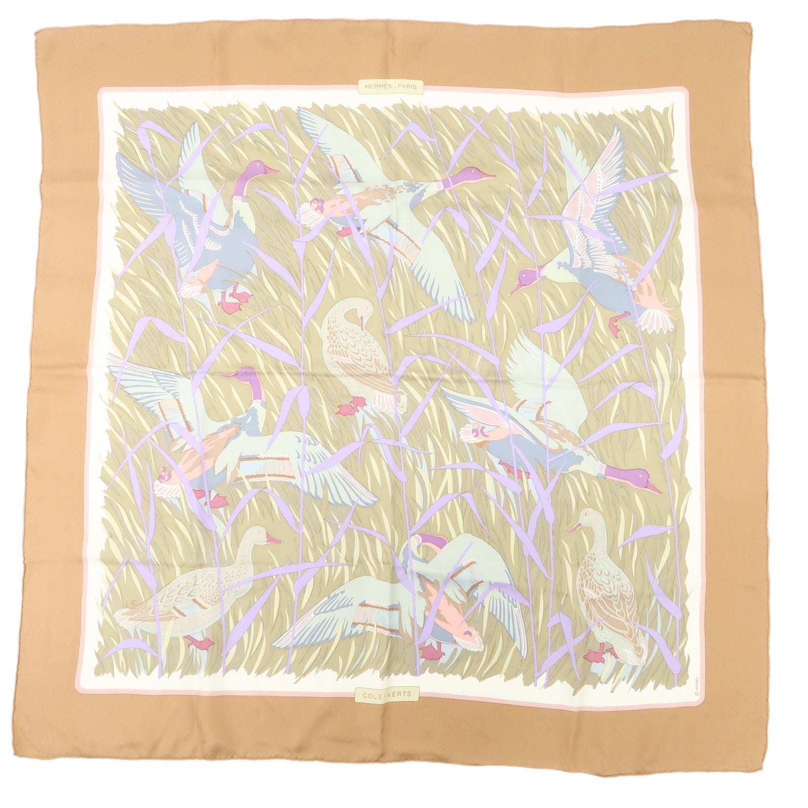 HERMES Carre 90 Silk 100% Scarf COLS VERTS Brown Used