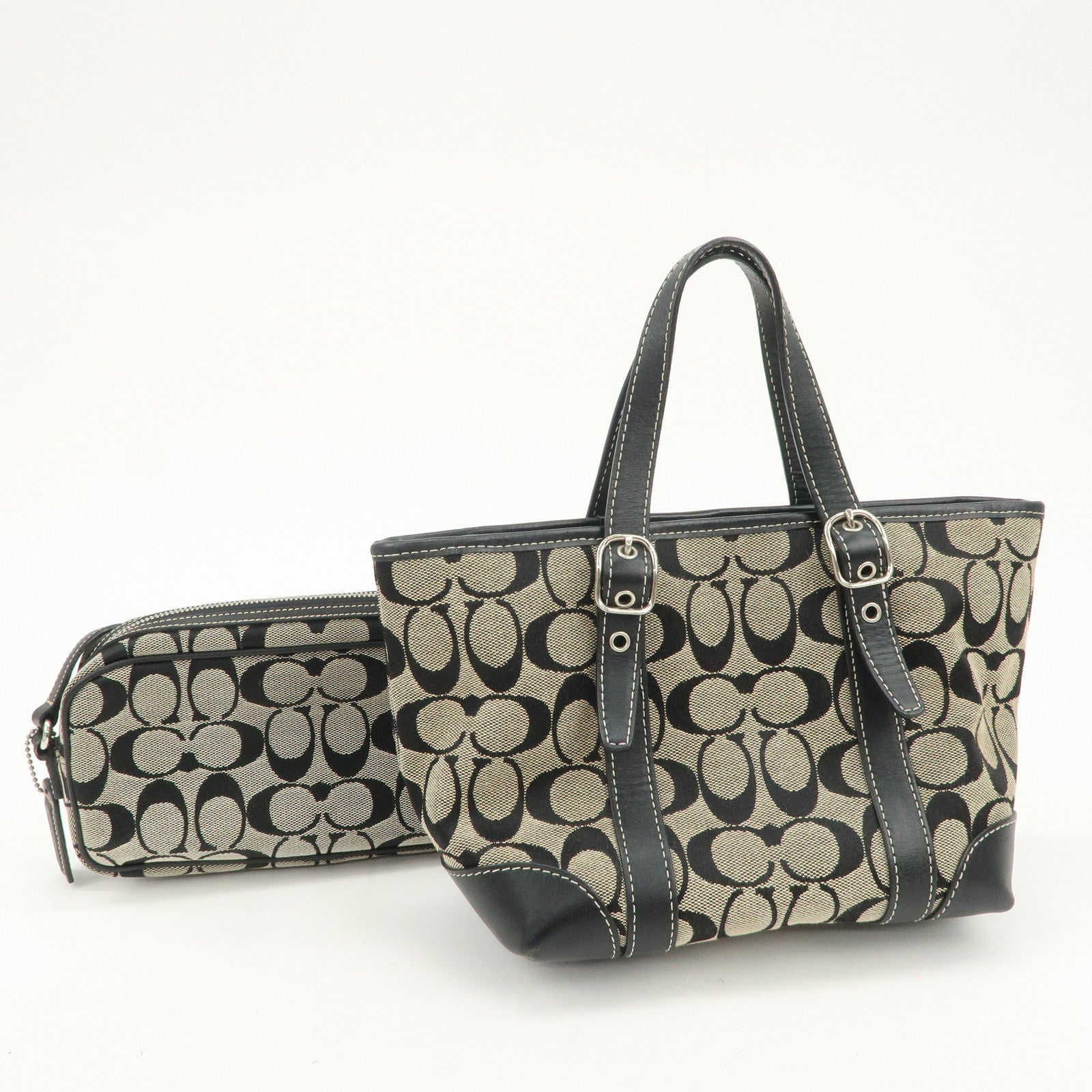 COACH Signature Canvas Leather Set of 2 Hand Bag Shoulder Bag Black