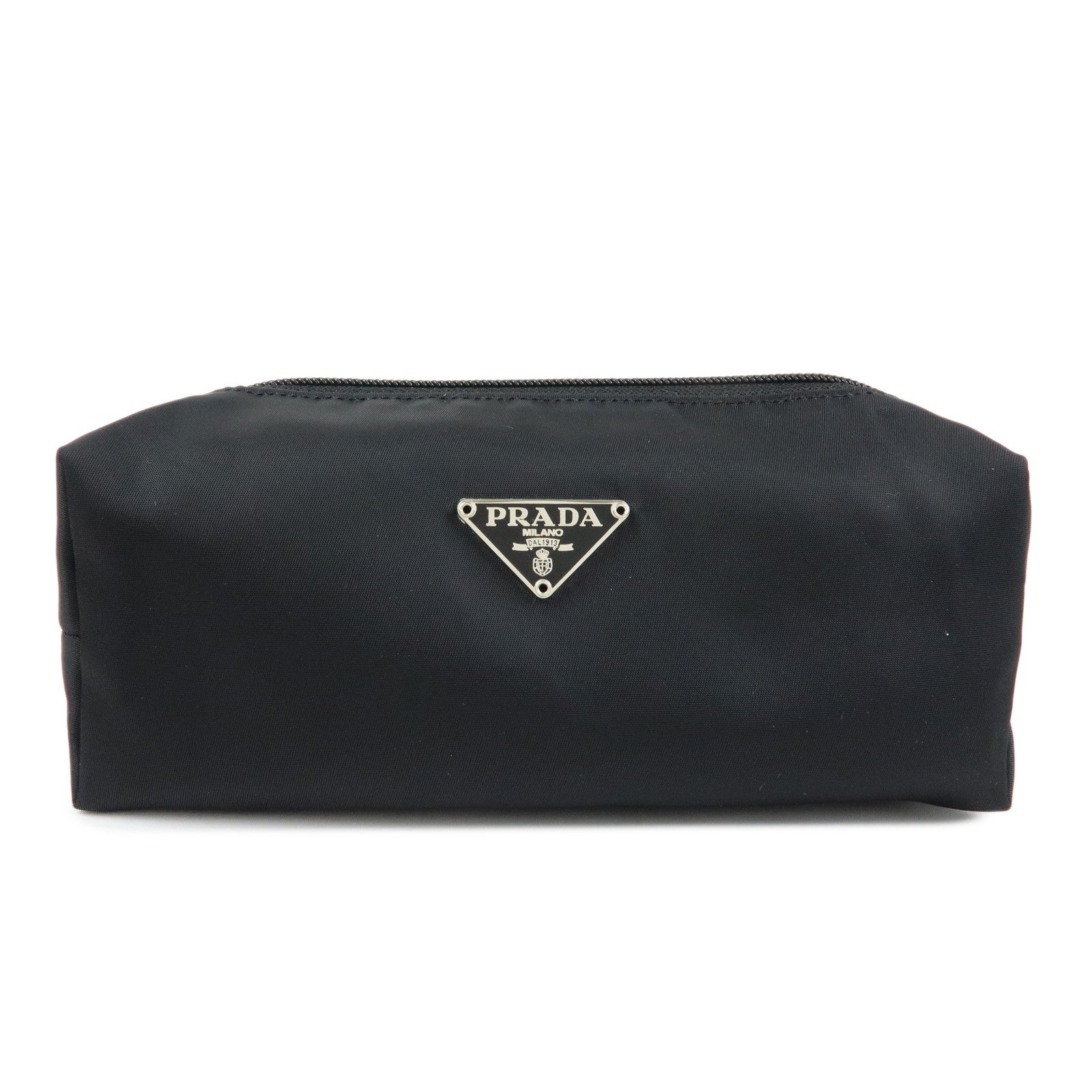 PRADA Triangle Logo Nylon Cosmetic Pouch Makeup Bag Black