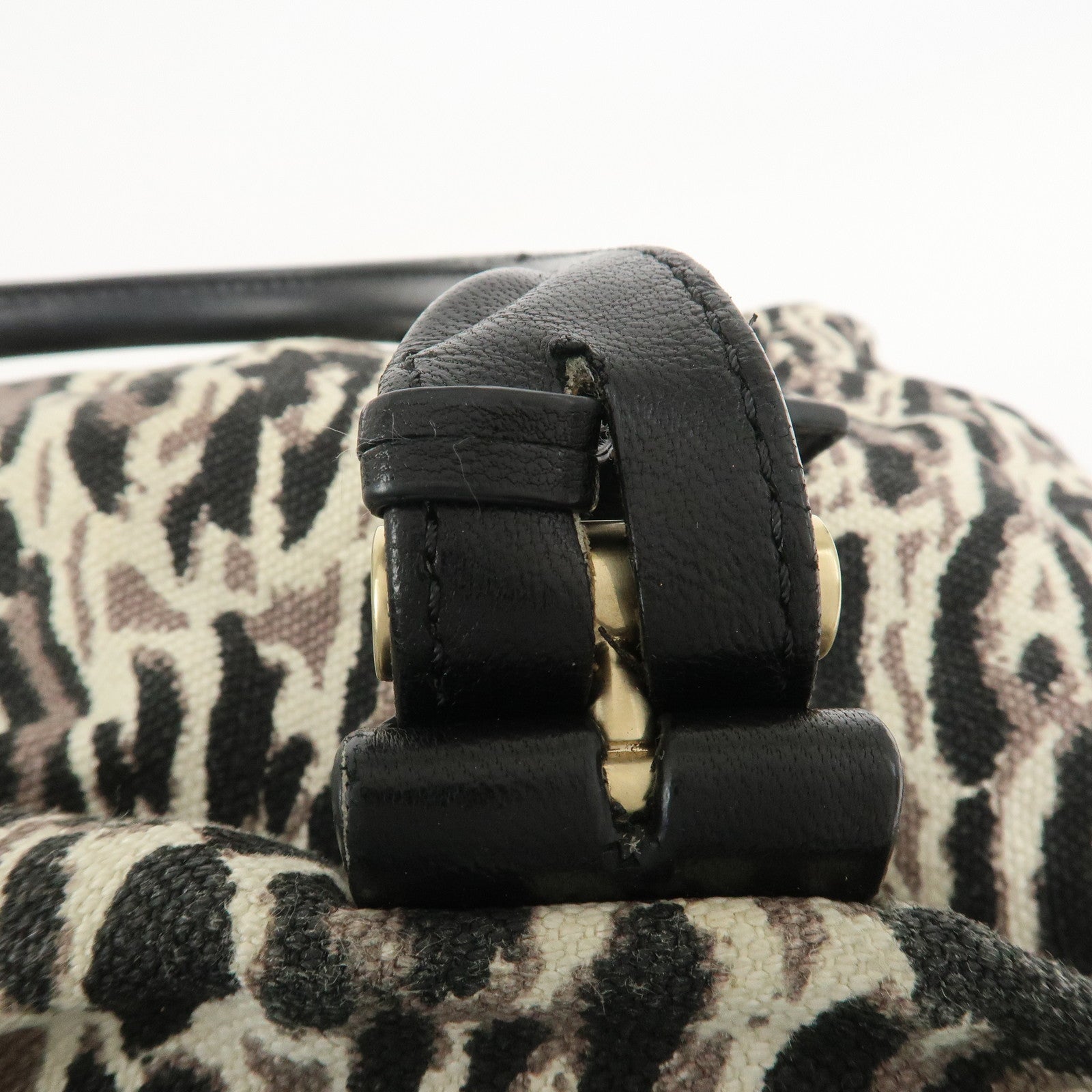 JIMMY CHOO Leopard Canvas Leather Tote Bag Shoulder Bag Ivory Black