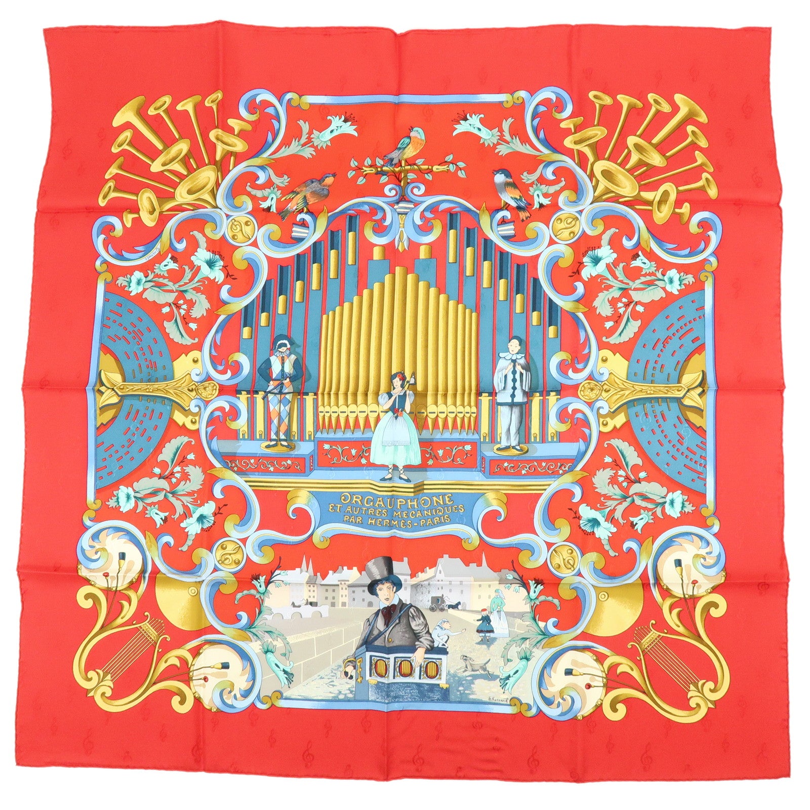 HERMES Carre 90 Silk 100% ORGAUPHONE ETAUTRES MECANIQUES Scarf Red