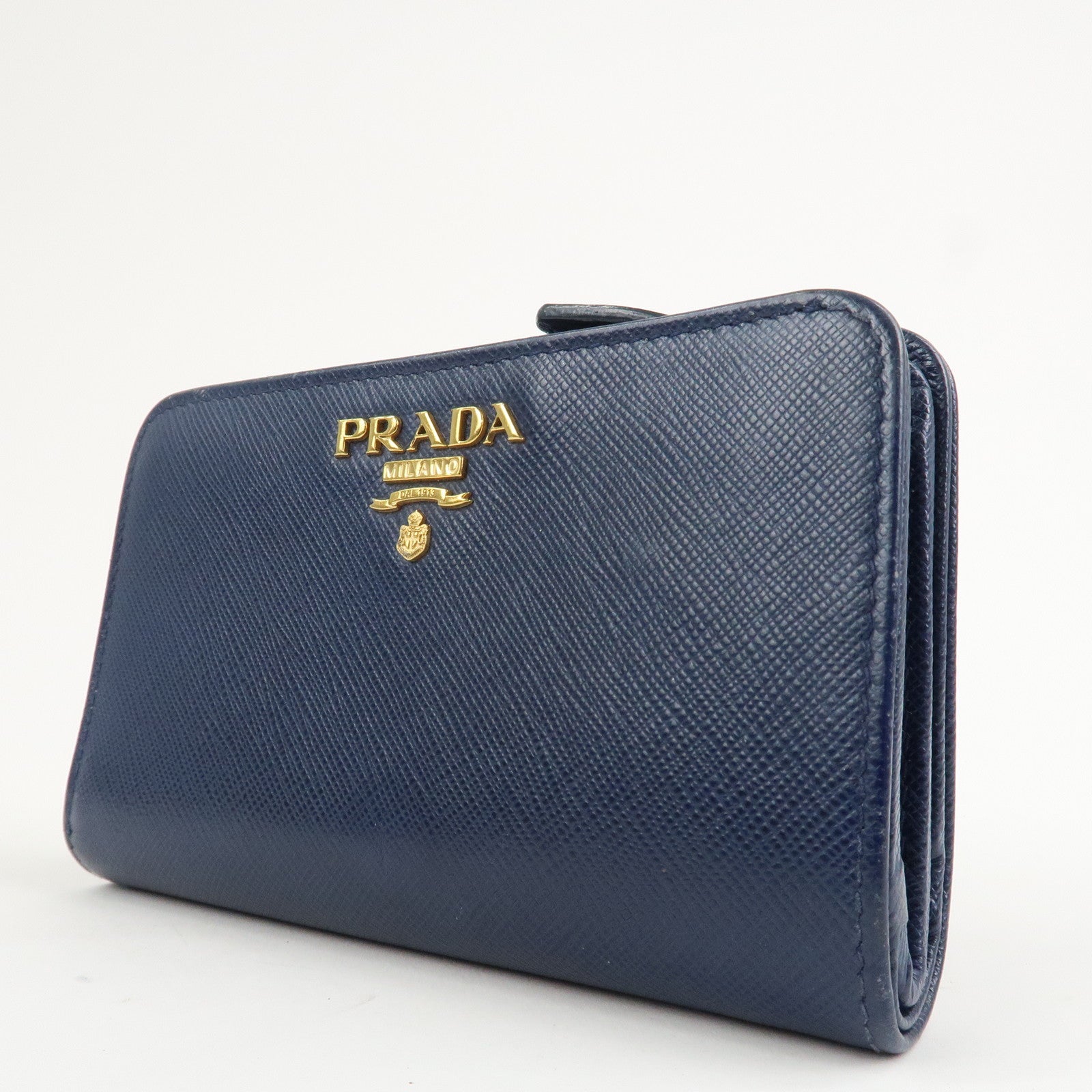 PRADA Logo Saffiano Leather Bi-fold Compact Wallet Navy 1ML018
