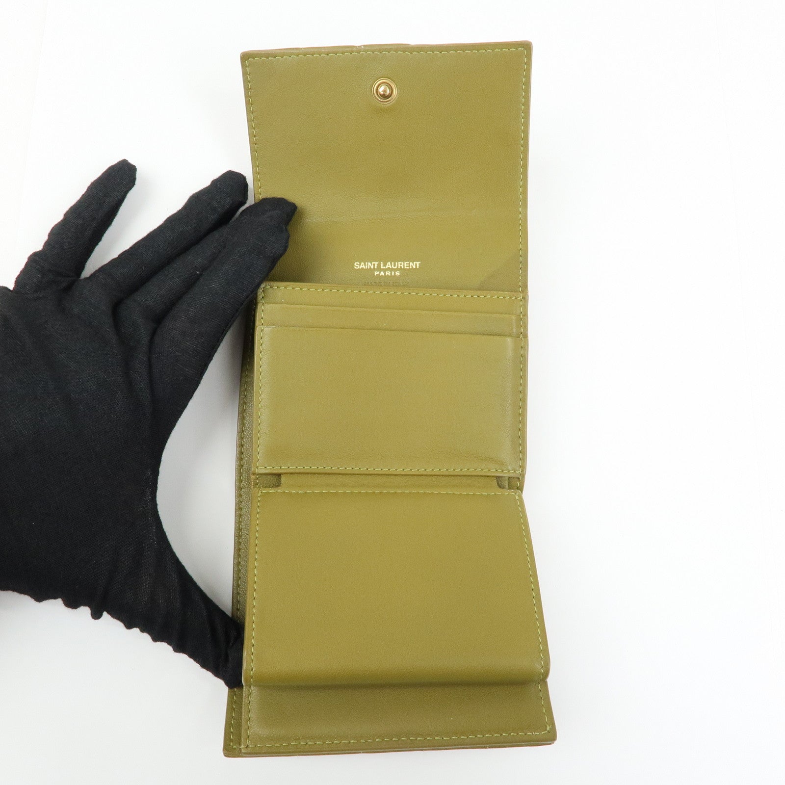 SAINT LAURENT PARIS Cassandra Leather Tri-Fold Wallet Khaki