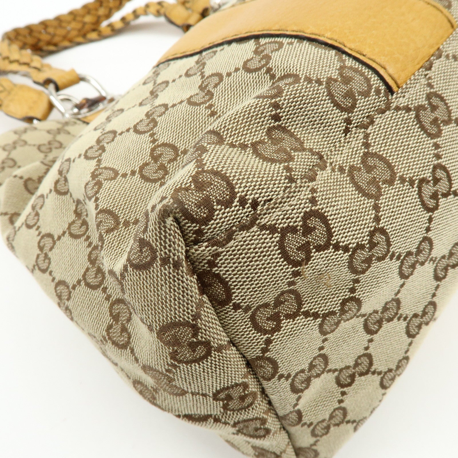 GUCCI Bamboo GG Canvas Leather Tote Bag Beige Yellow 232947