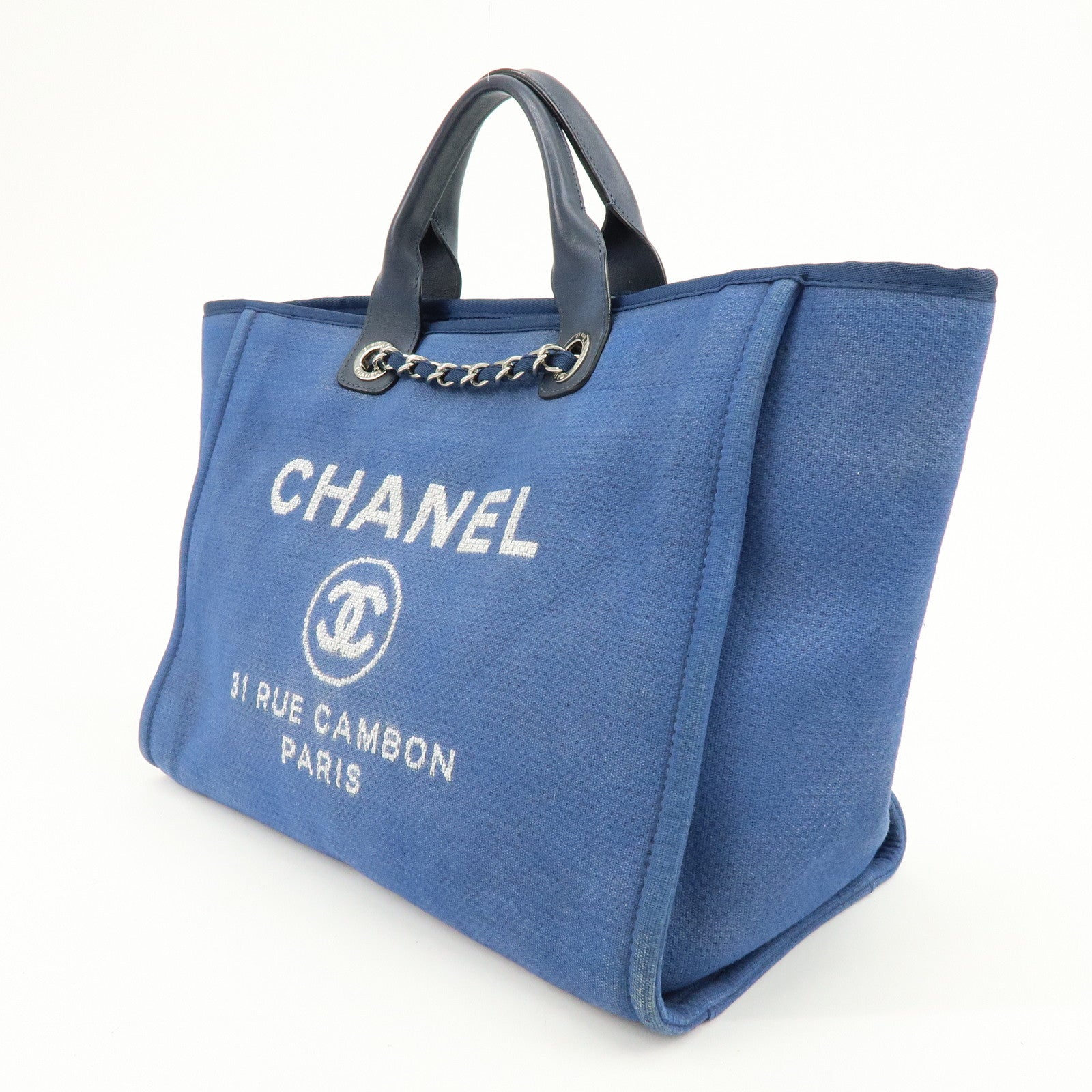 CHANEL Deauville GM Canvas Leather 2Way Tote Bag Blue A66941