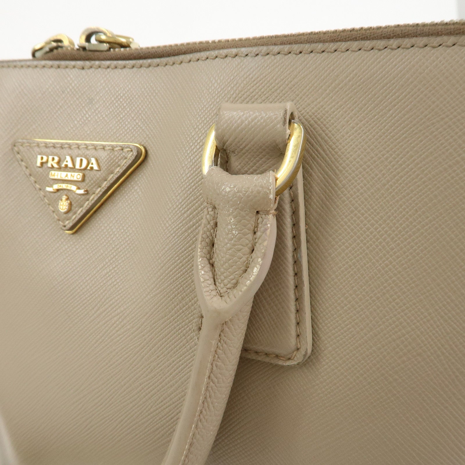 PRADA Triangle Logo Saffiano Leather Hand Bag Greige BL0812