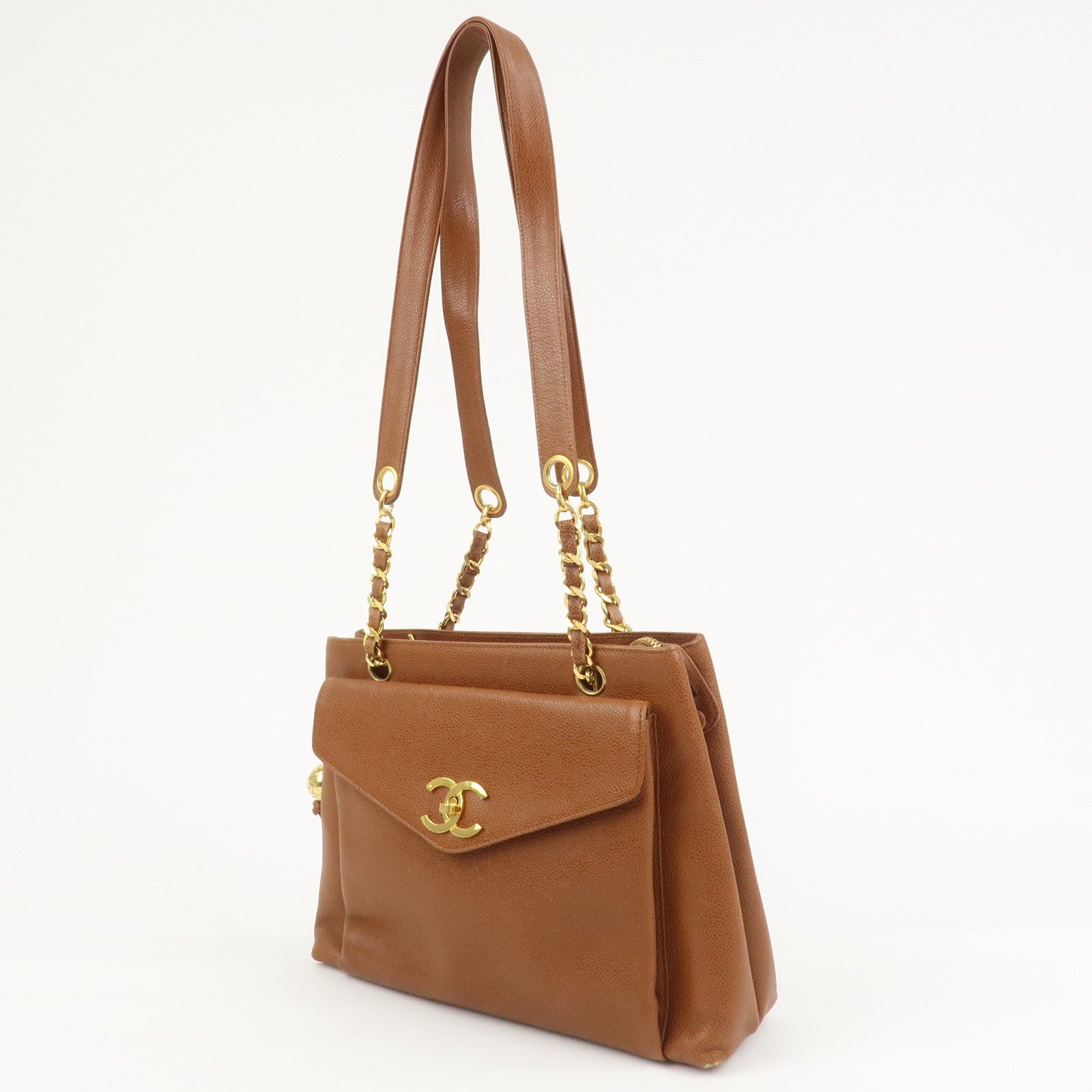 CHANEL COCO Mark Caviarskin Turn Lock Chain Shoulder Bag Brown