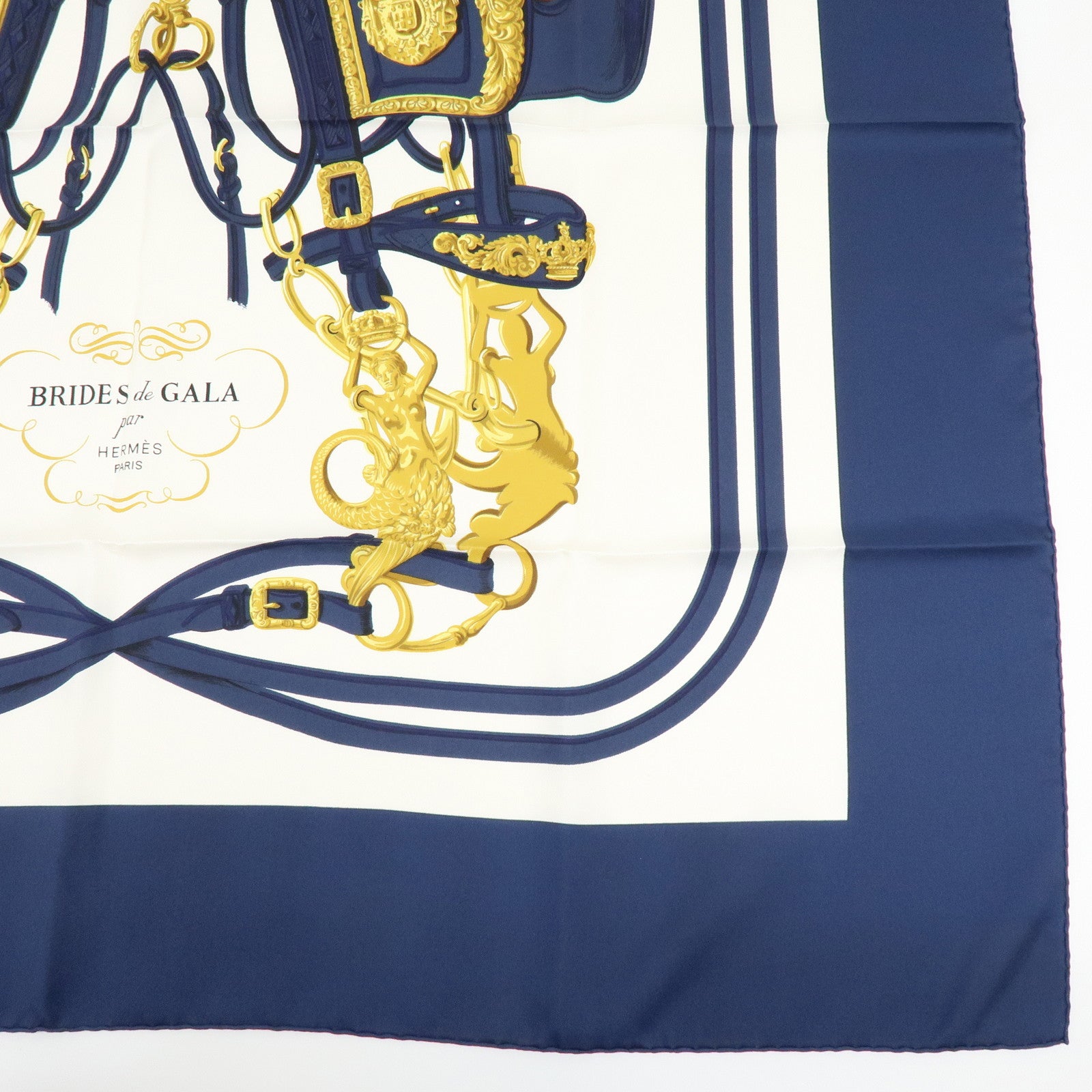 HERMES Carre 90 Silk 100% Scarf BRIDES DE GALA Navy Gold