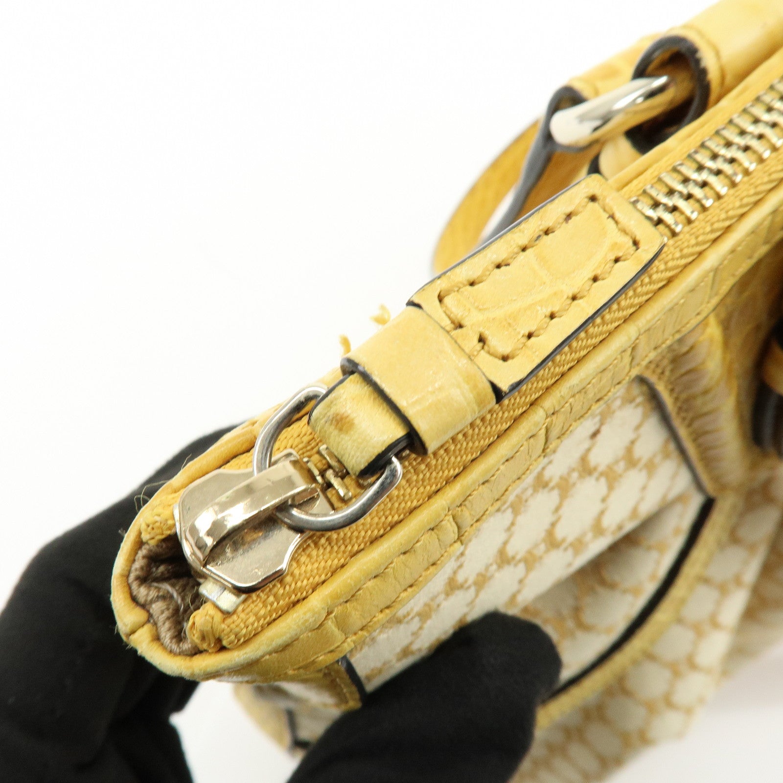 CELINE Macadam Embossed Leather Tote Bag Shoulder Bag Yellow Beige