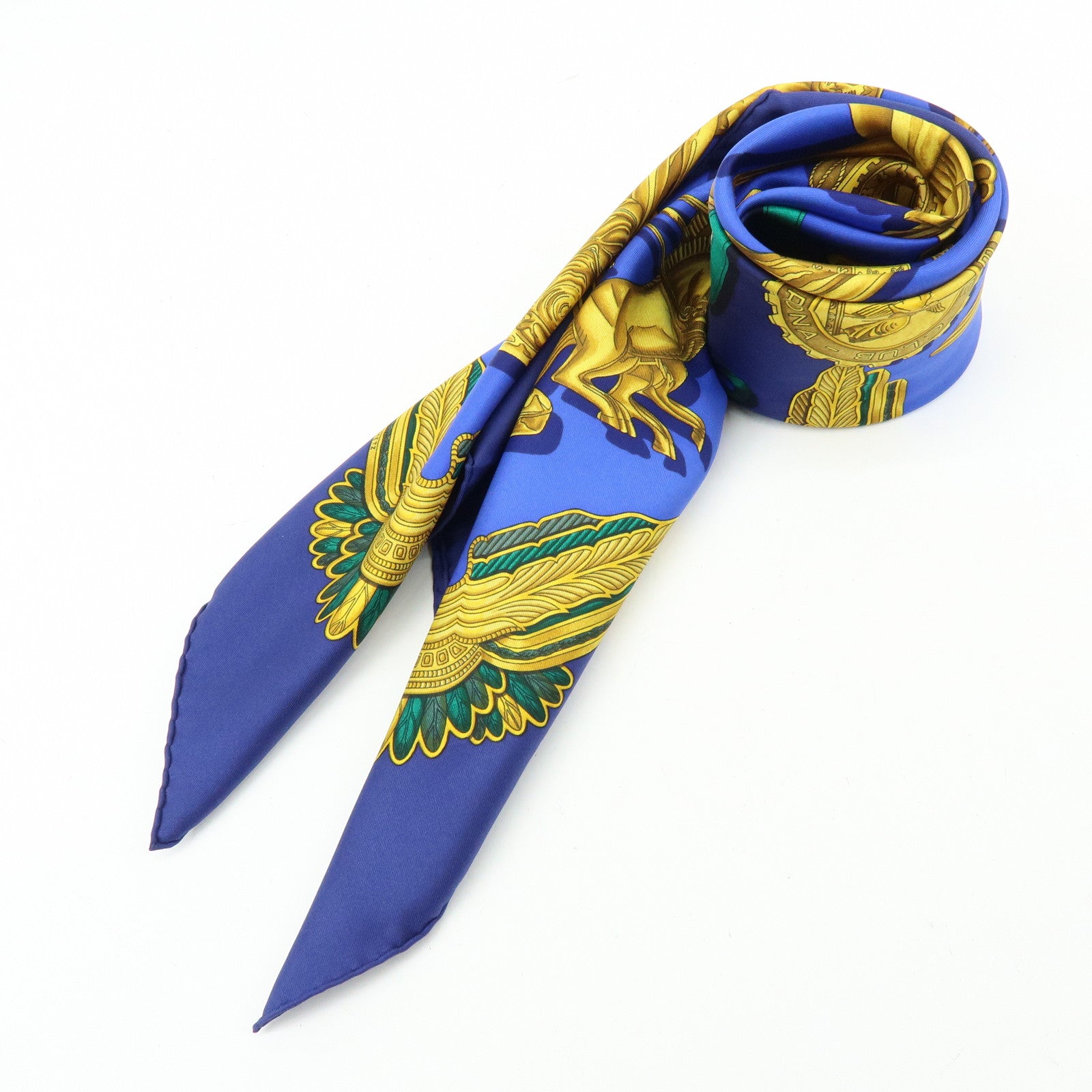 HERMES Carre 90 Silk 100% Scarf LES PARURES DU VENT Navy Gold