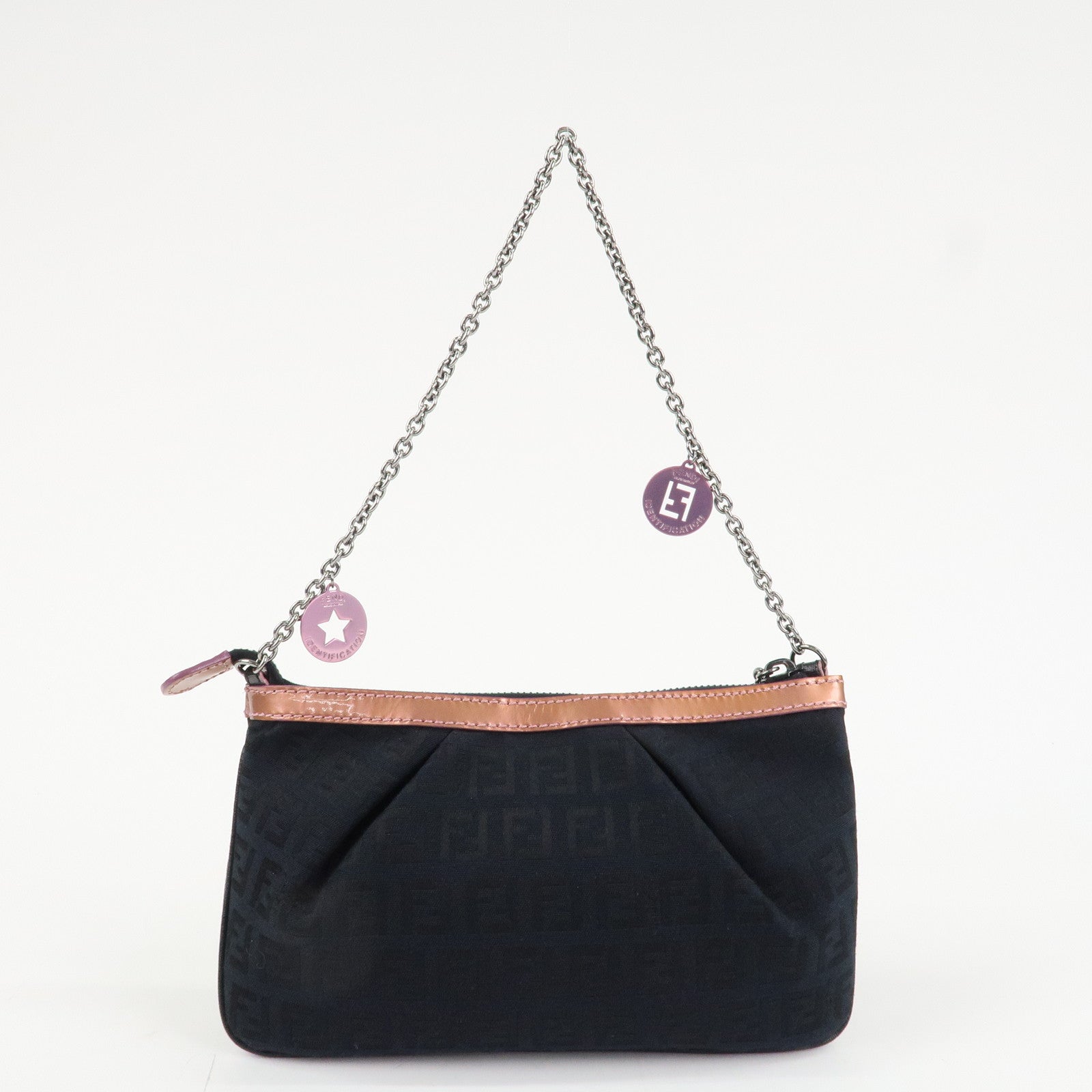 FENDI Zucchino Canvas Leather Chain Hand Bag Black Pink 8BR594 Used