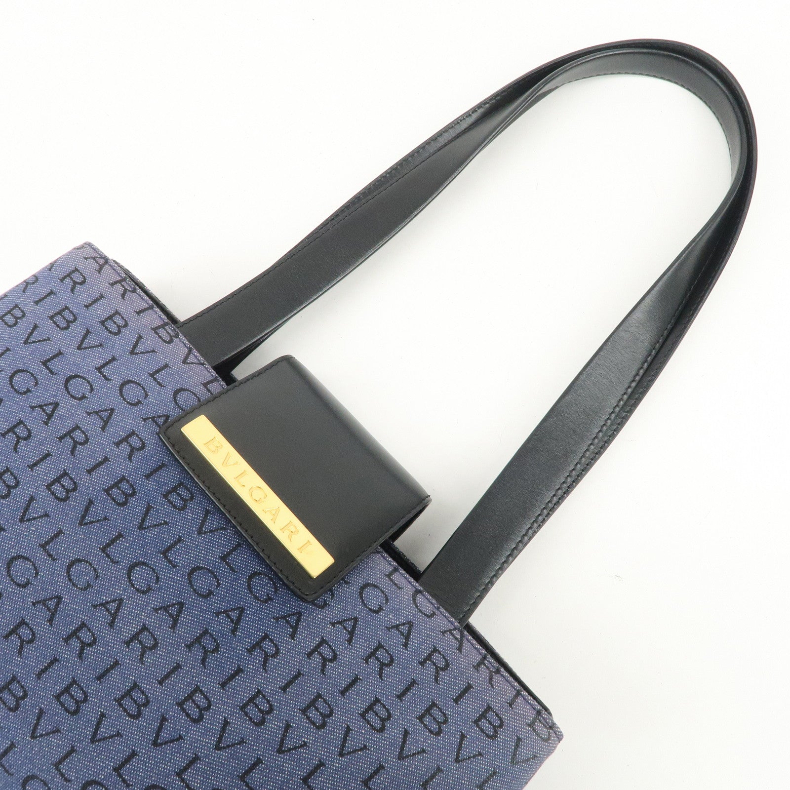 BVLGARI Logo Mania Denim Leather Shoulder Bag Hand Bag Blue Black