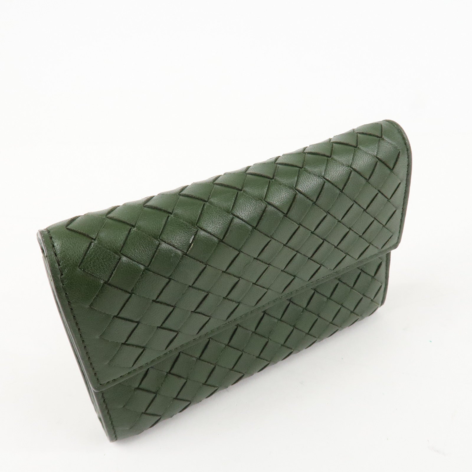 BOTTEGA VENETA Intrecciato Leather Tri-fold Wallet Dark Green Used