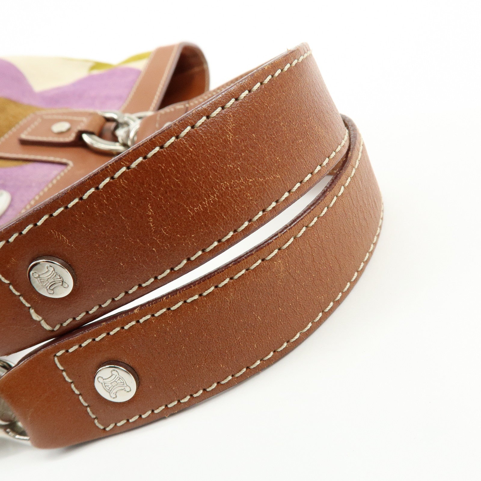 CELINE Flower Canvas Leather Tote Bag Shoulder Bag Brown Natural