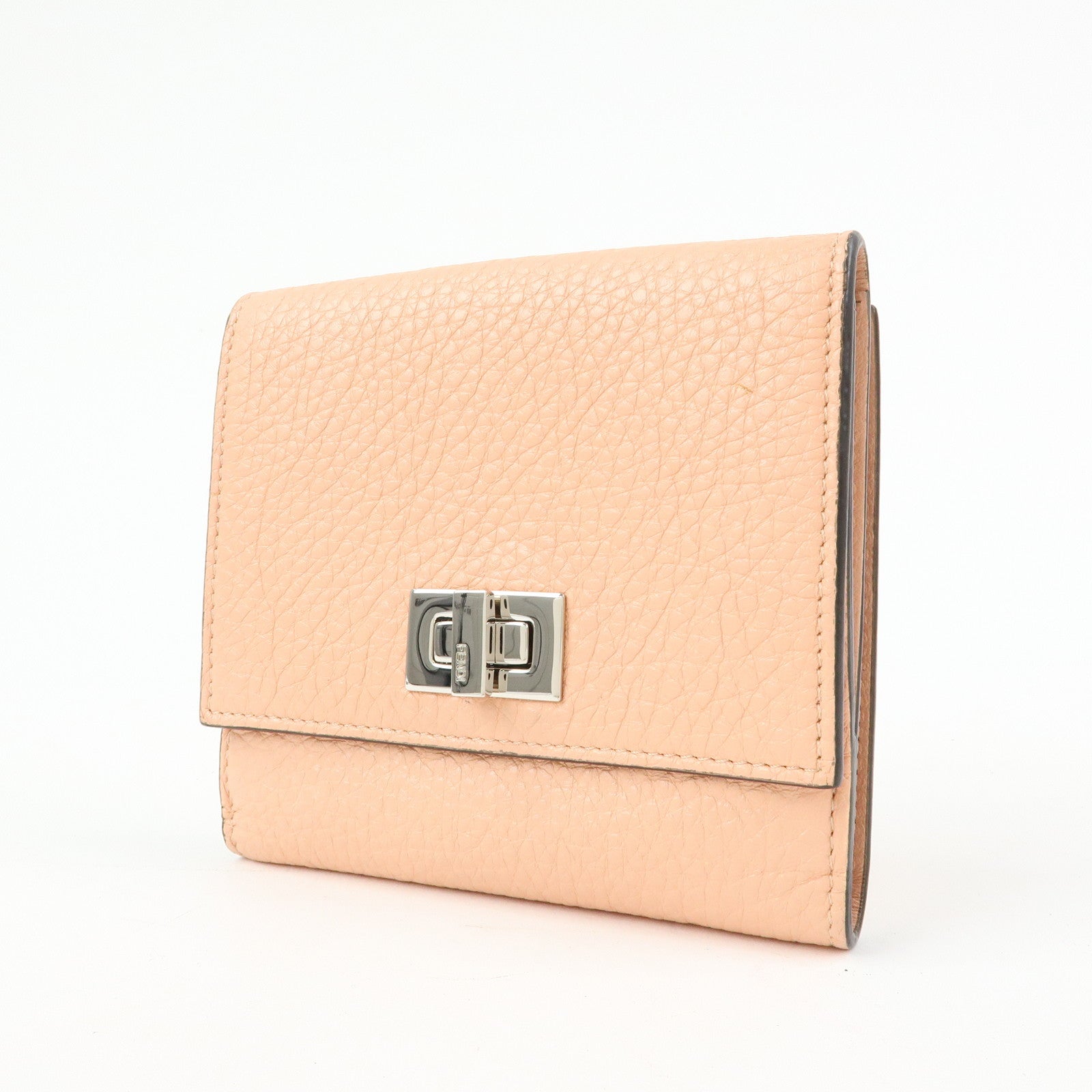 FENDI Selleria Leather Tri-fold Compact Wallet Pink Beige 8M0438