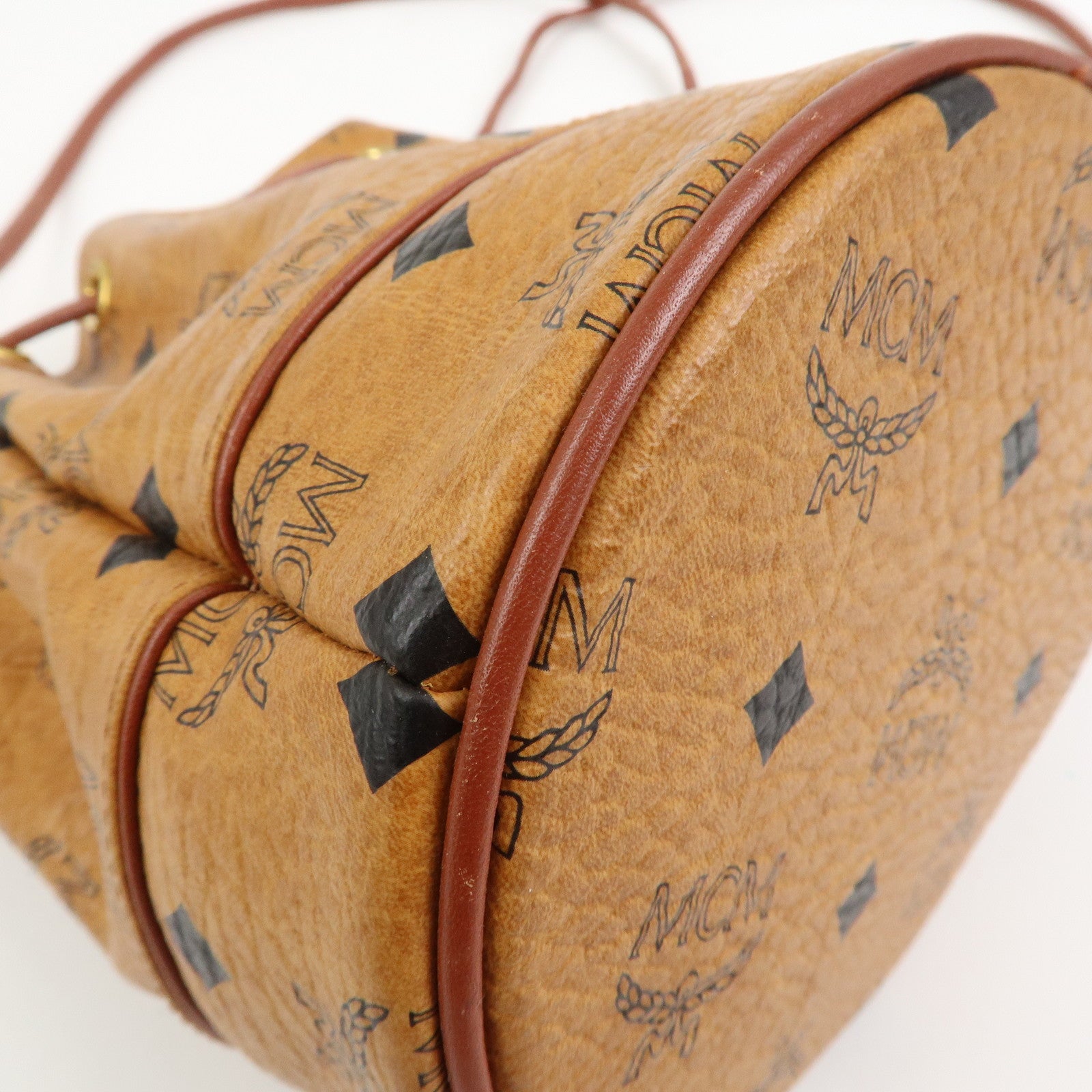 MCM Visetos Leather Drawstring Shoulder Bag Brown