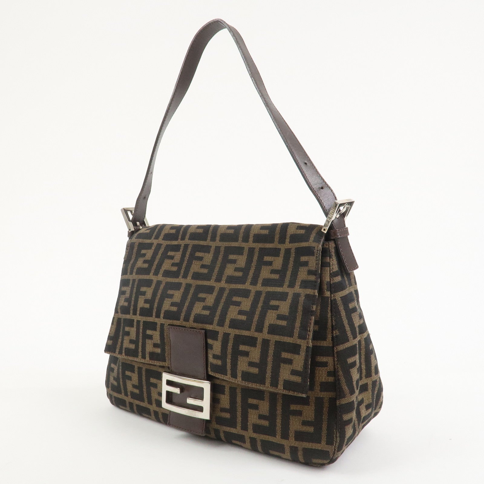 FENDI Mamma Baguette Zucca Canvas Leather Shoulder Bag Brown 26325