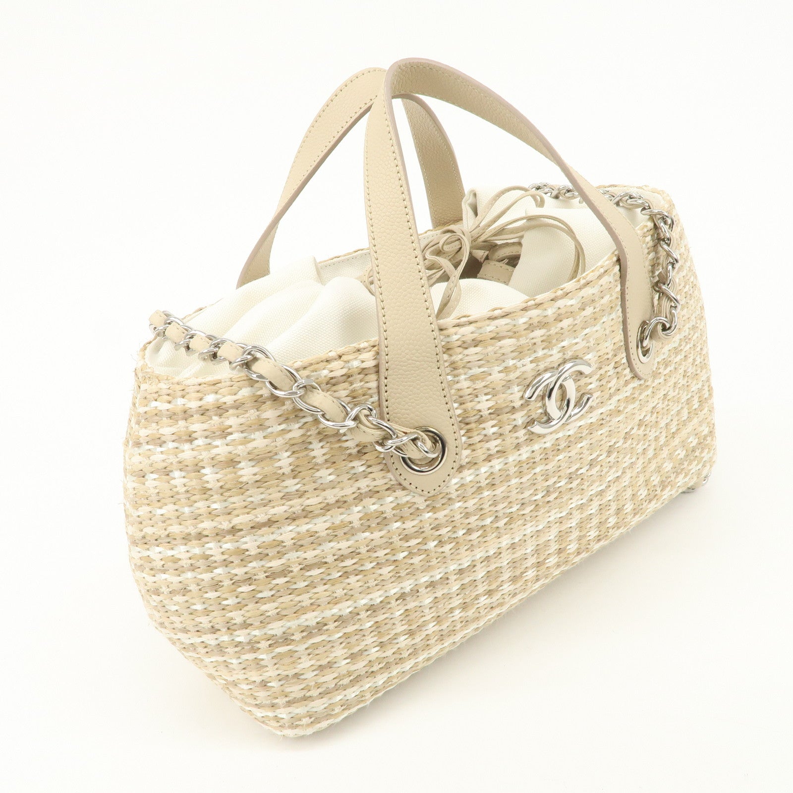 CHANEL Lether Raffia 2Way Bag Shoulder Bag Hand Bag Beige