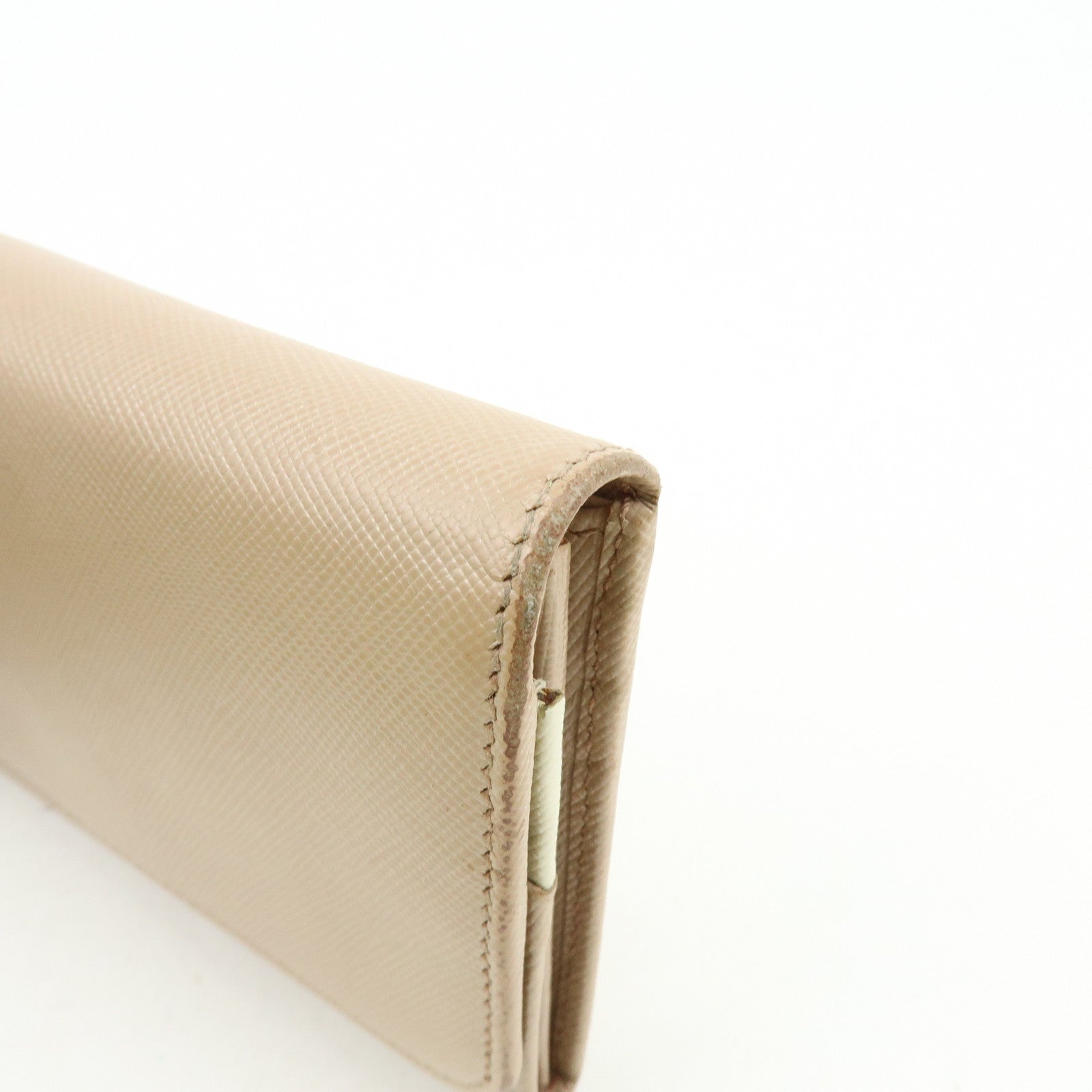 PRADA Logo Saffiano Leather Flap Bi-Fold Long Wallet Beige