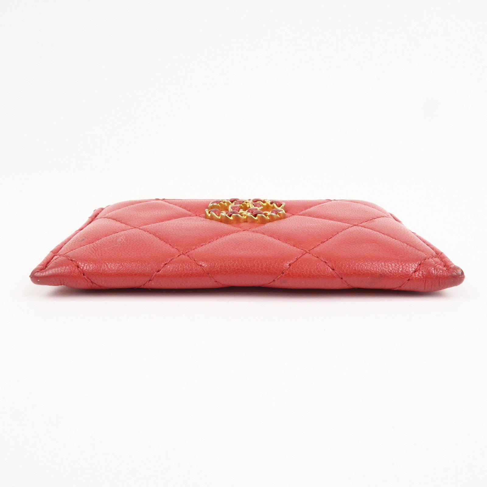 CHANEL COCO Mark Matelasse Lamb Skin Card Case Red