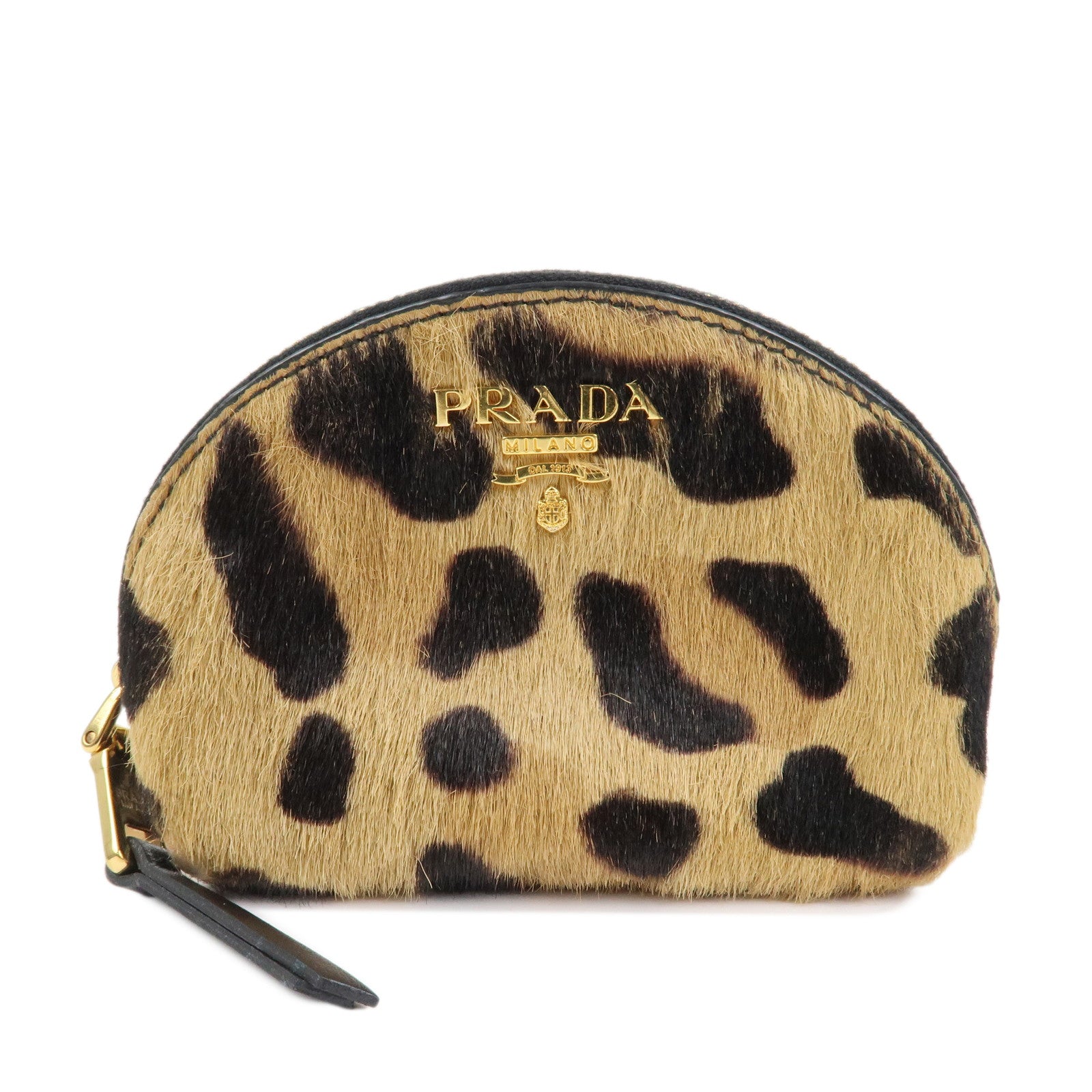 PRADA Logo Unborn Calf Coin Case Brown Animal Pattern