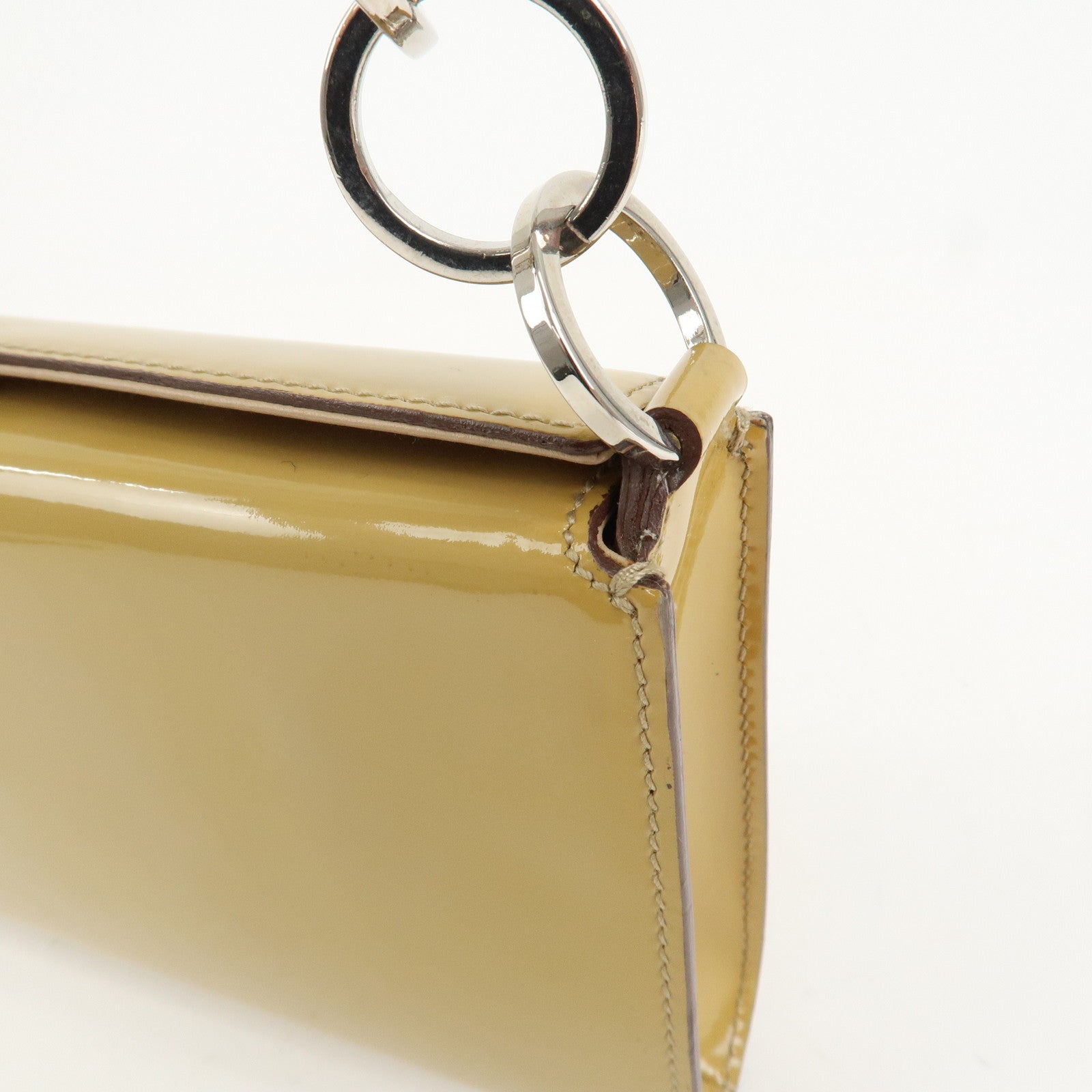 Ferragamo Gancini Patent Leather Chain Shoulder Bag Hand Bag Beige