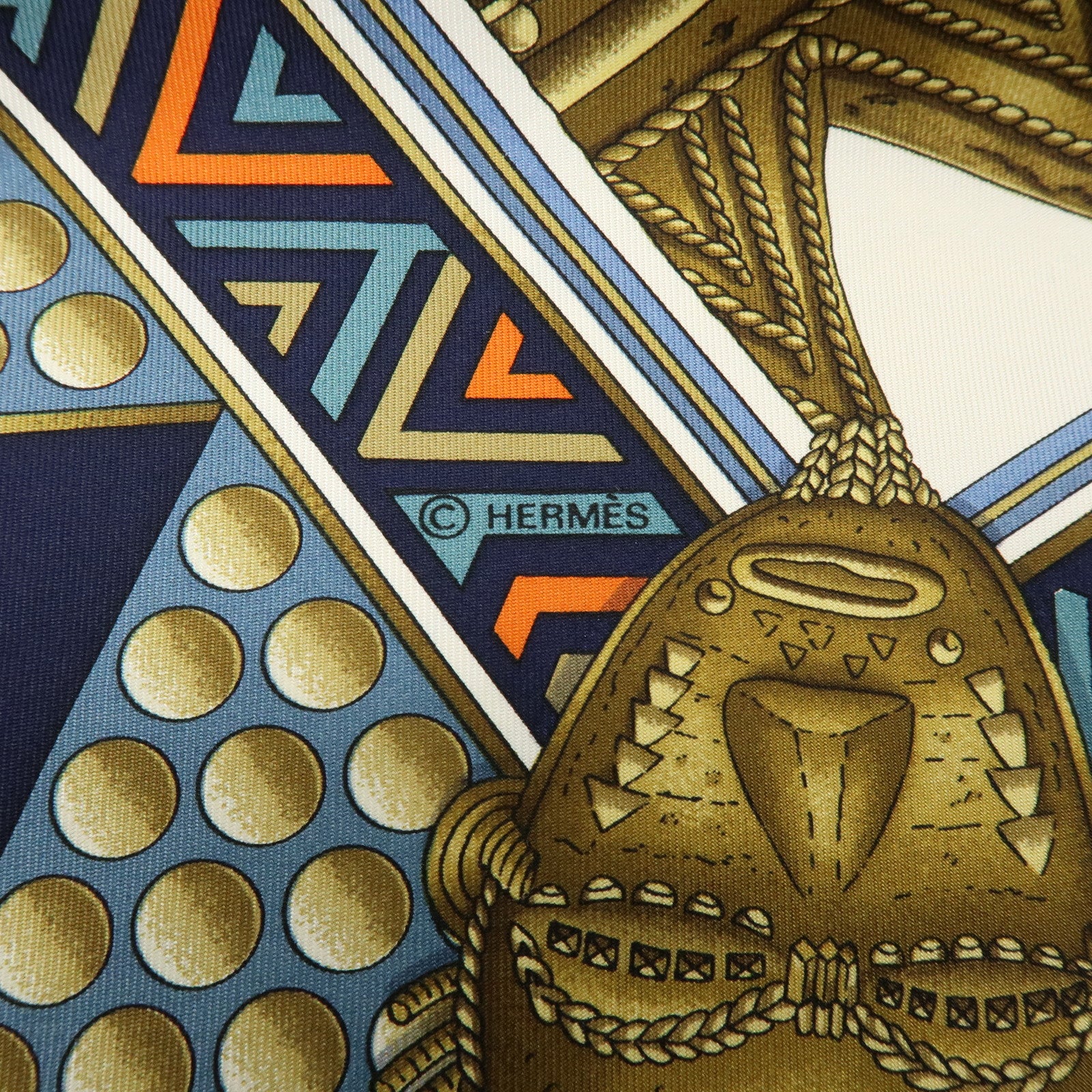 HERMES Carre 90 Silk 100% Scarf L'OR DES CHEFS Gold Navy