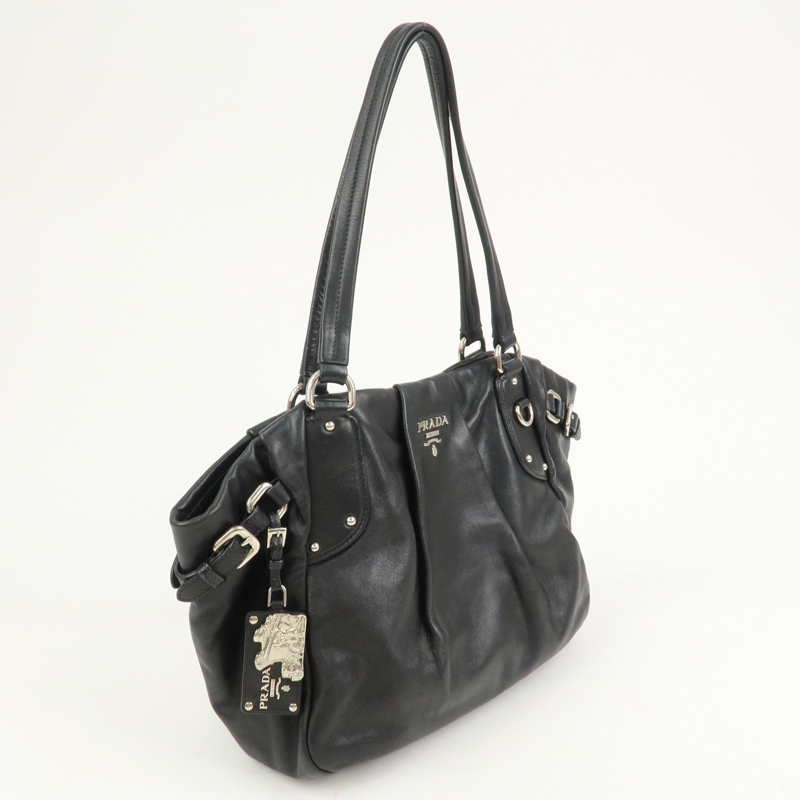PRADA Logo Leather Shoulder Bag Hand Bag Black BR3974