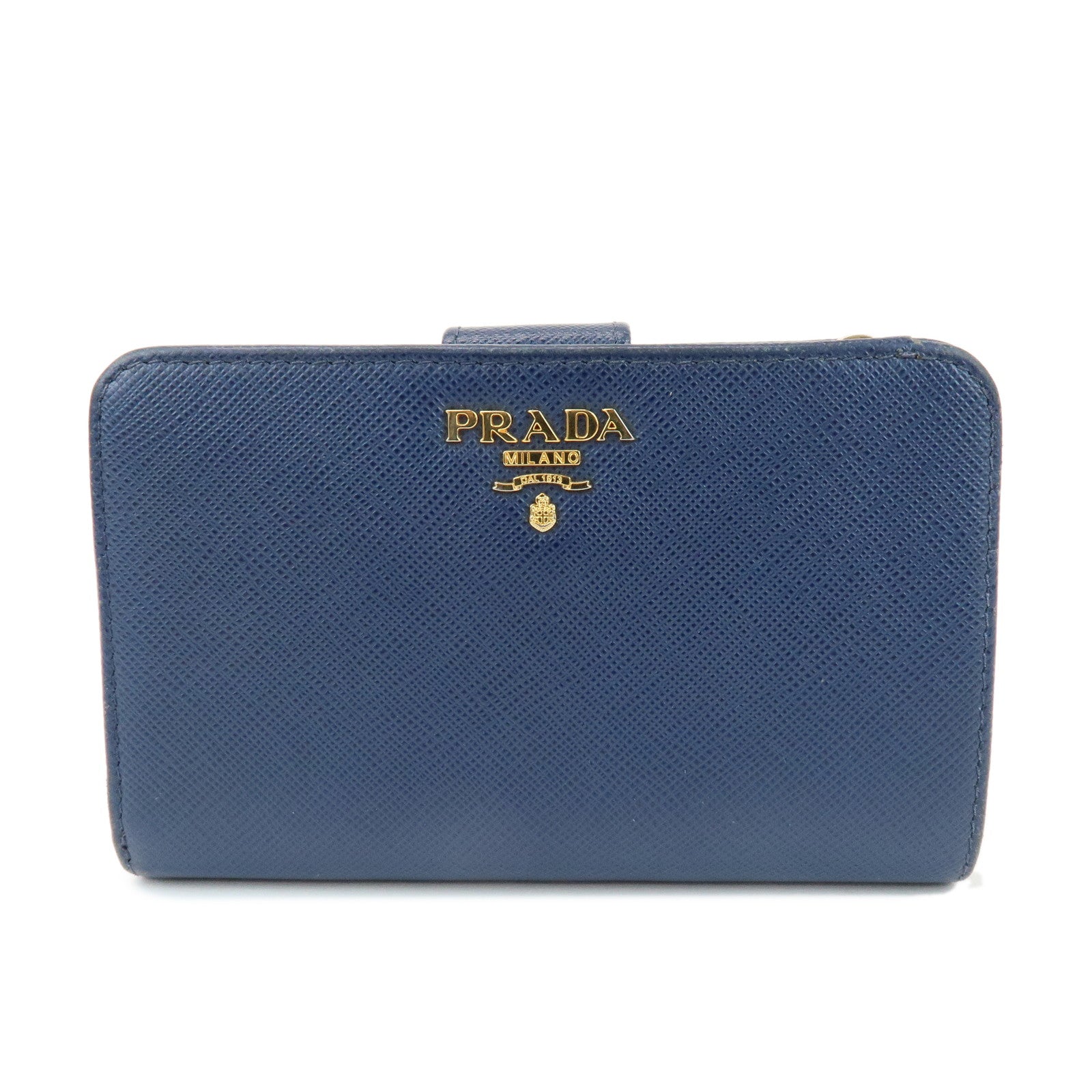 PRADA Saffiano Leather Compact Wallet Navy Gold 1ML225