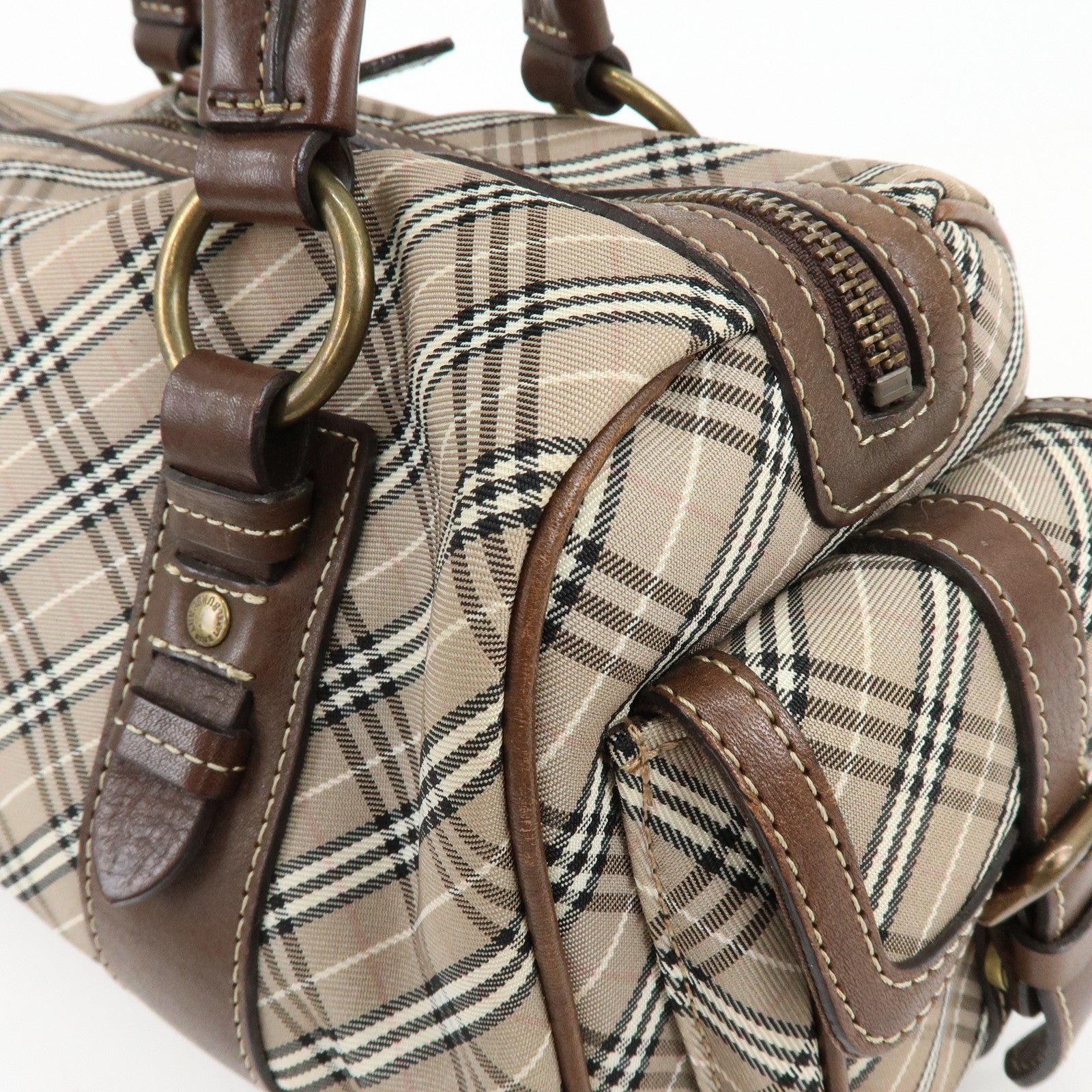 BURBERRY Blue Label Canvas Leather Plaid Hand Bag Boston Bag Brown