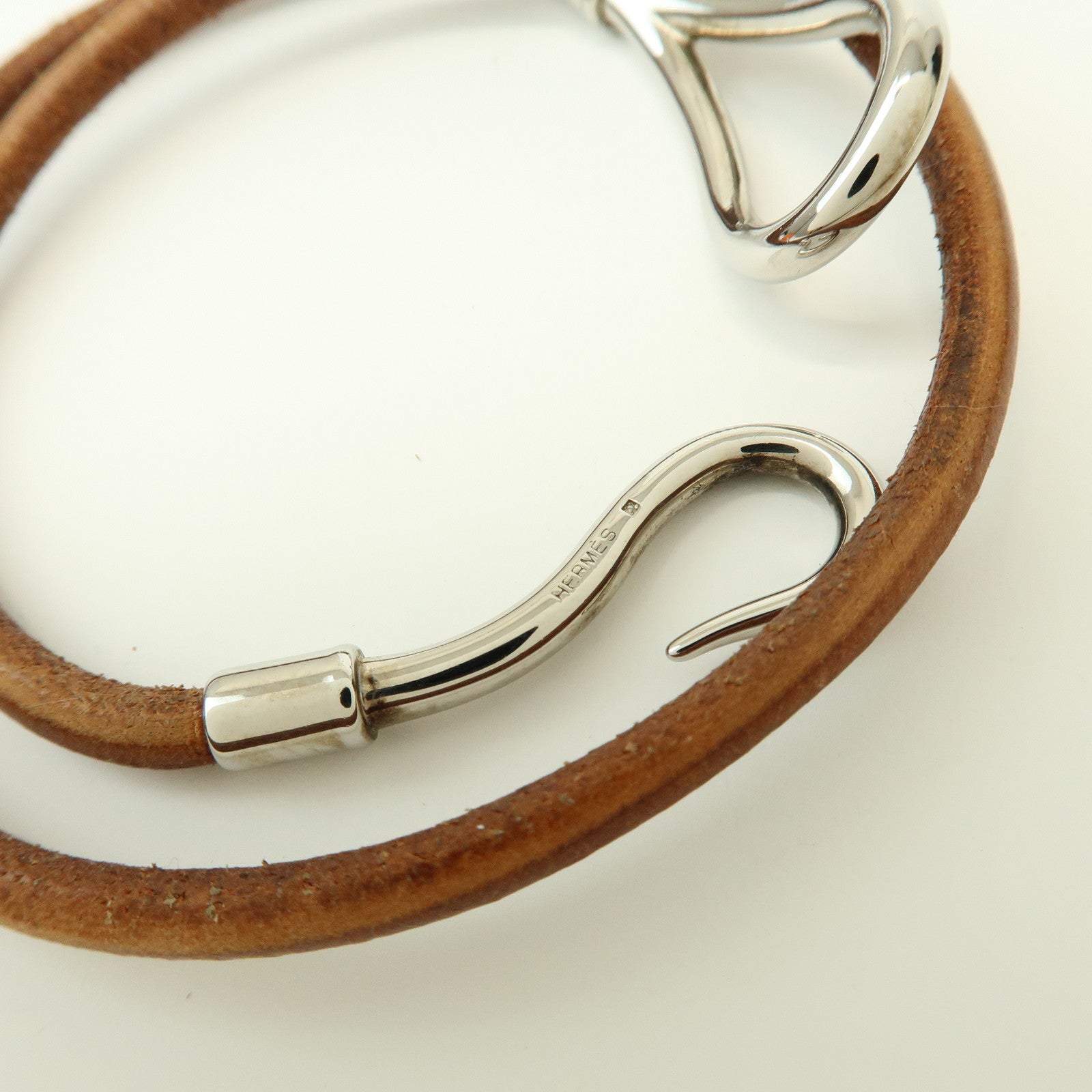 HERMES Jumbo Leather Metal Choker Bracelet Brown