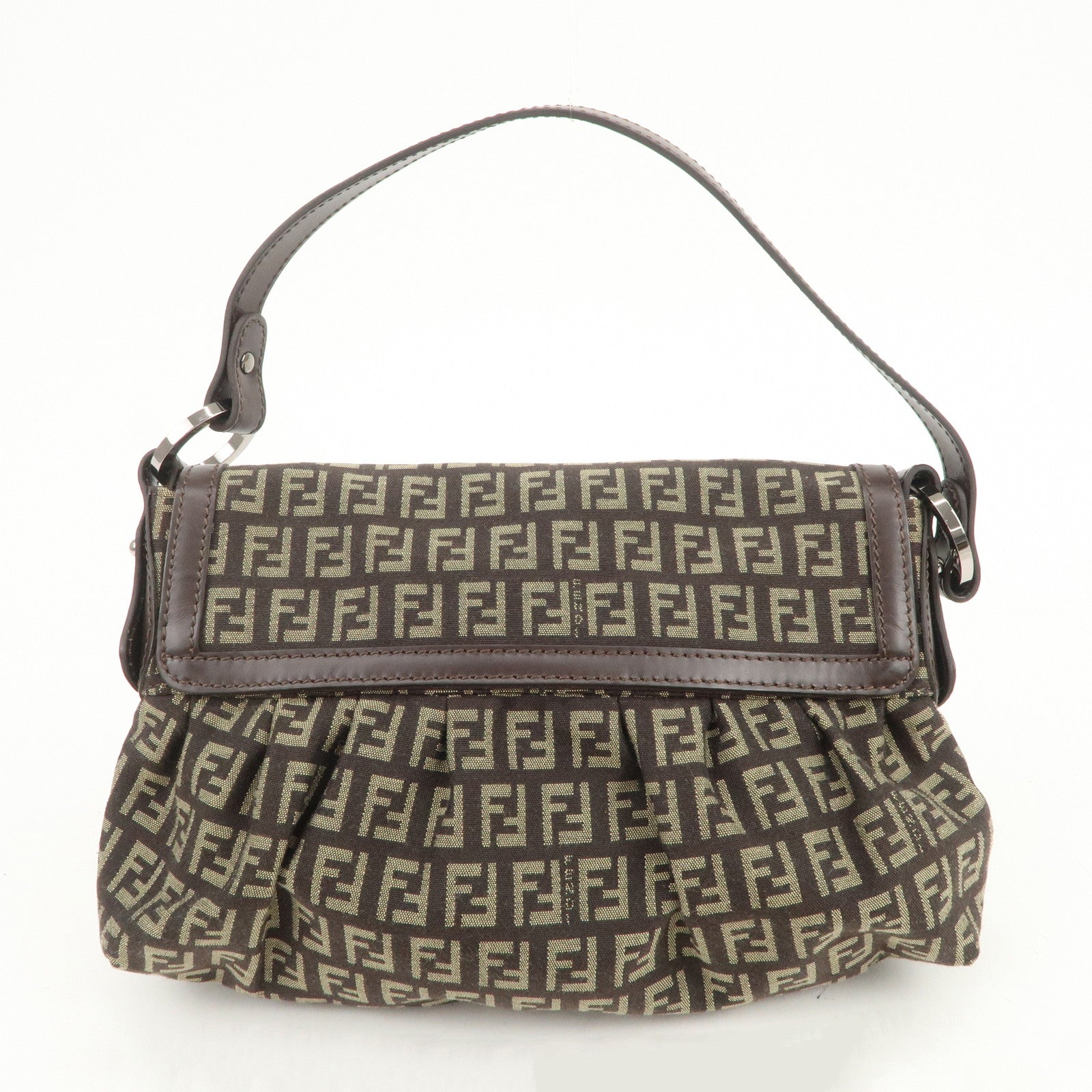 FENDI Zucchino Shoulder Bag Hand Bag Brown Silver 8BR353