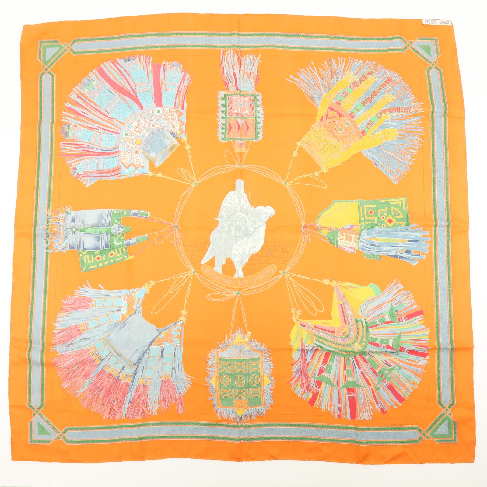 HERMES Carre 90 Silk 100% CUIRS DU DESERT Scarf Orange