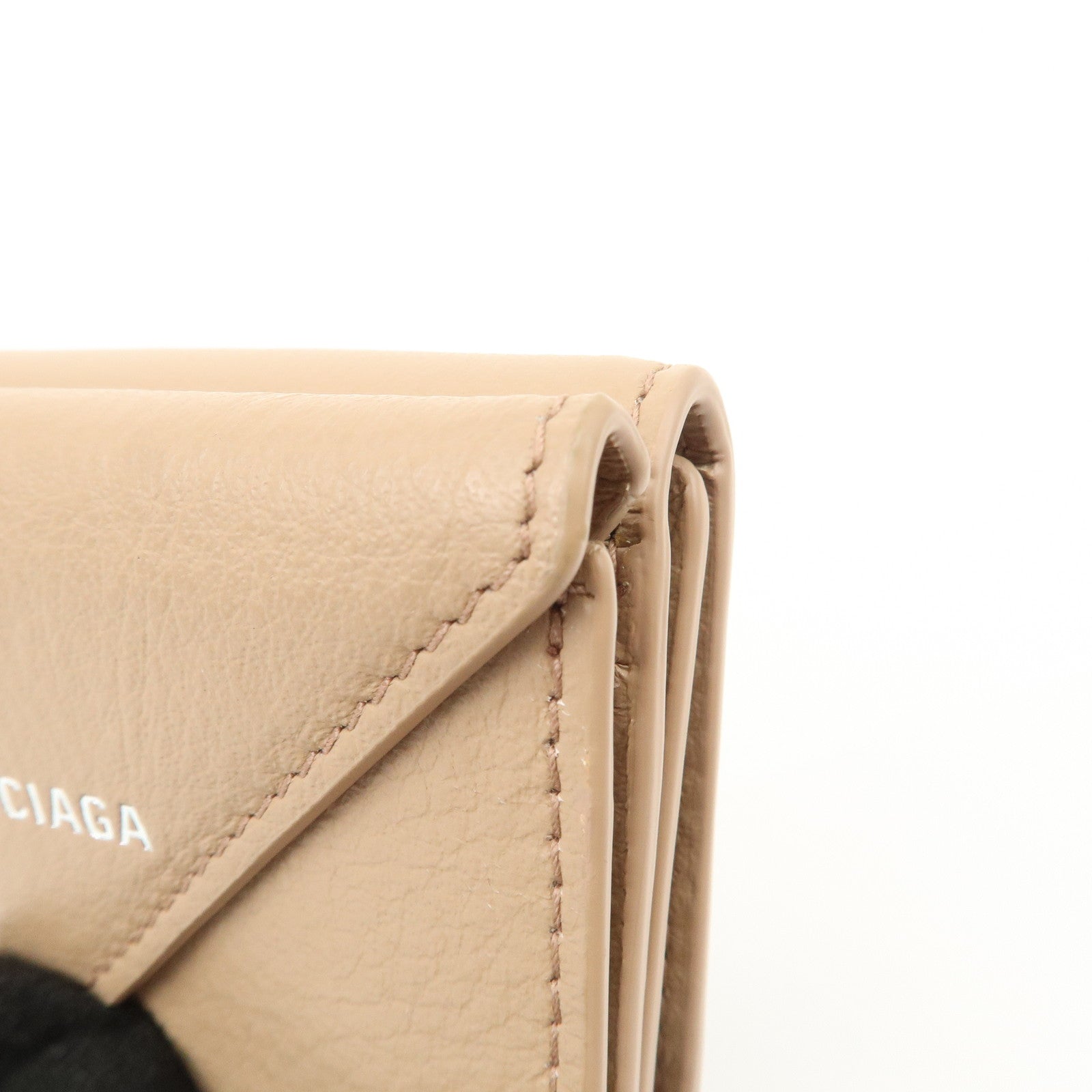 BALENCIAGA Leather Tri-fold Compact Wallet Beige 391446